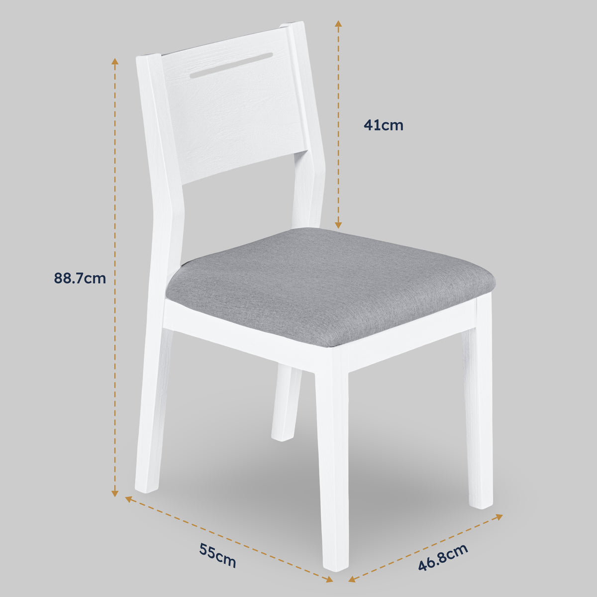 Oxford Acacia Dining Table with Chairs shown in a dimension diagram marked 88.7cm tall by 55cm by 46.8cm, seat back 41cm