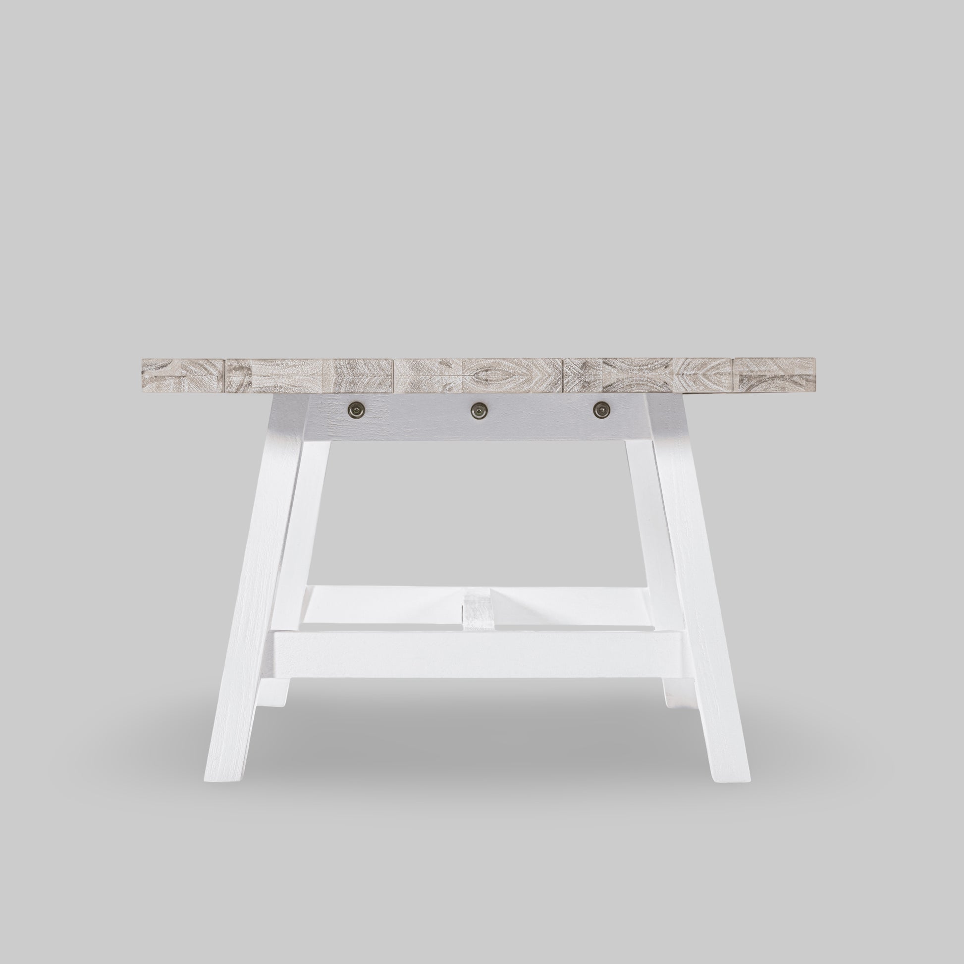 Wooden workbench with a gray marbled top on a light gray background


