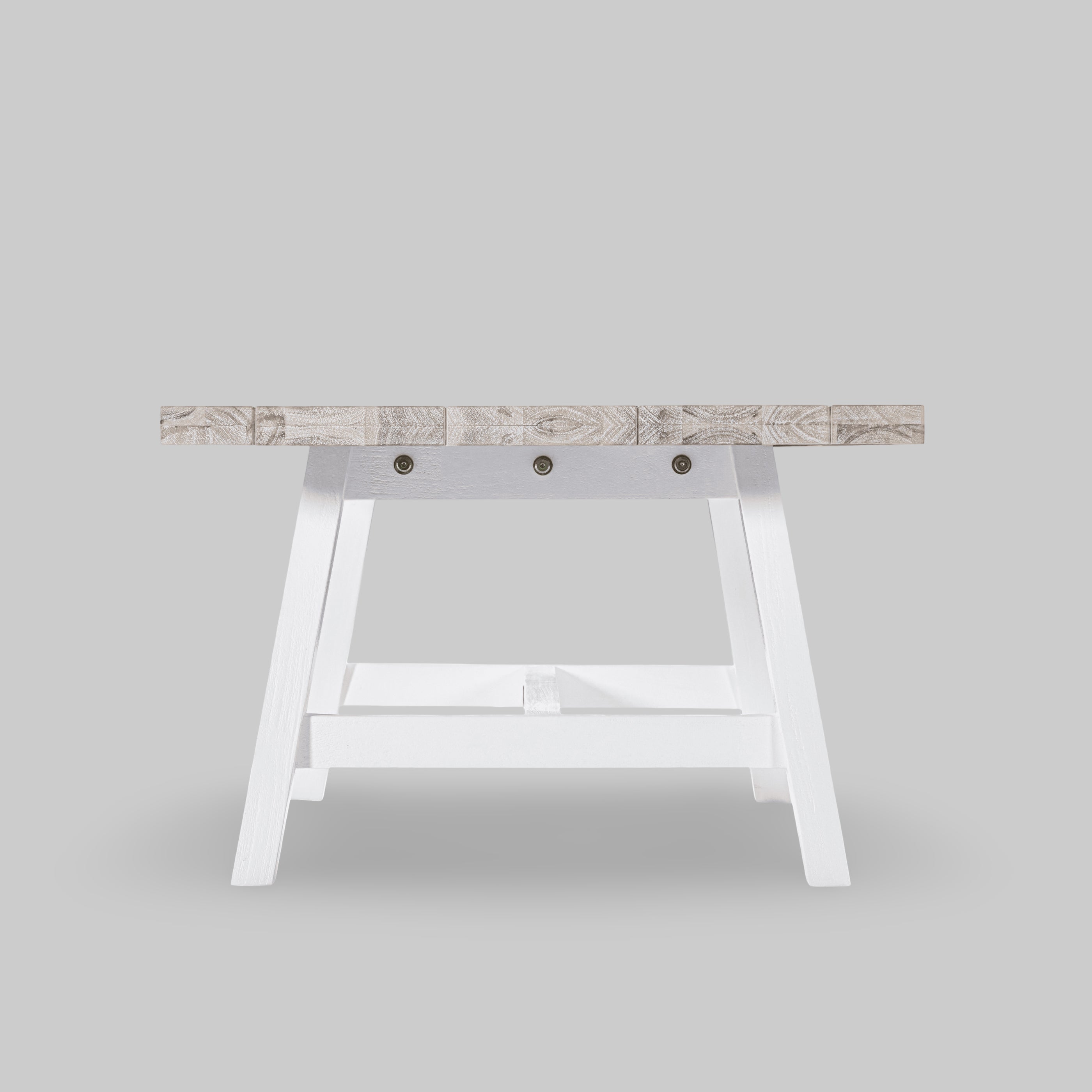 Wooden workbench with a gray marbled top on a light gray background

