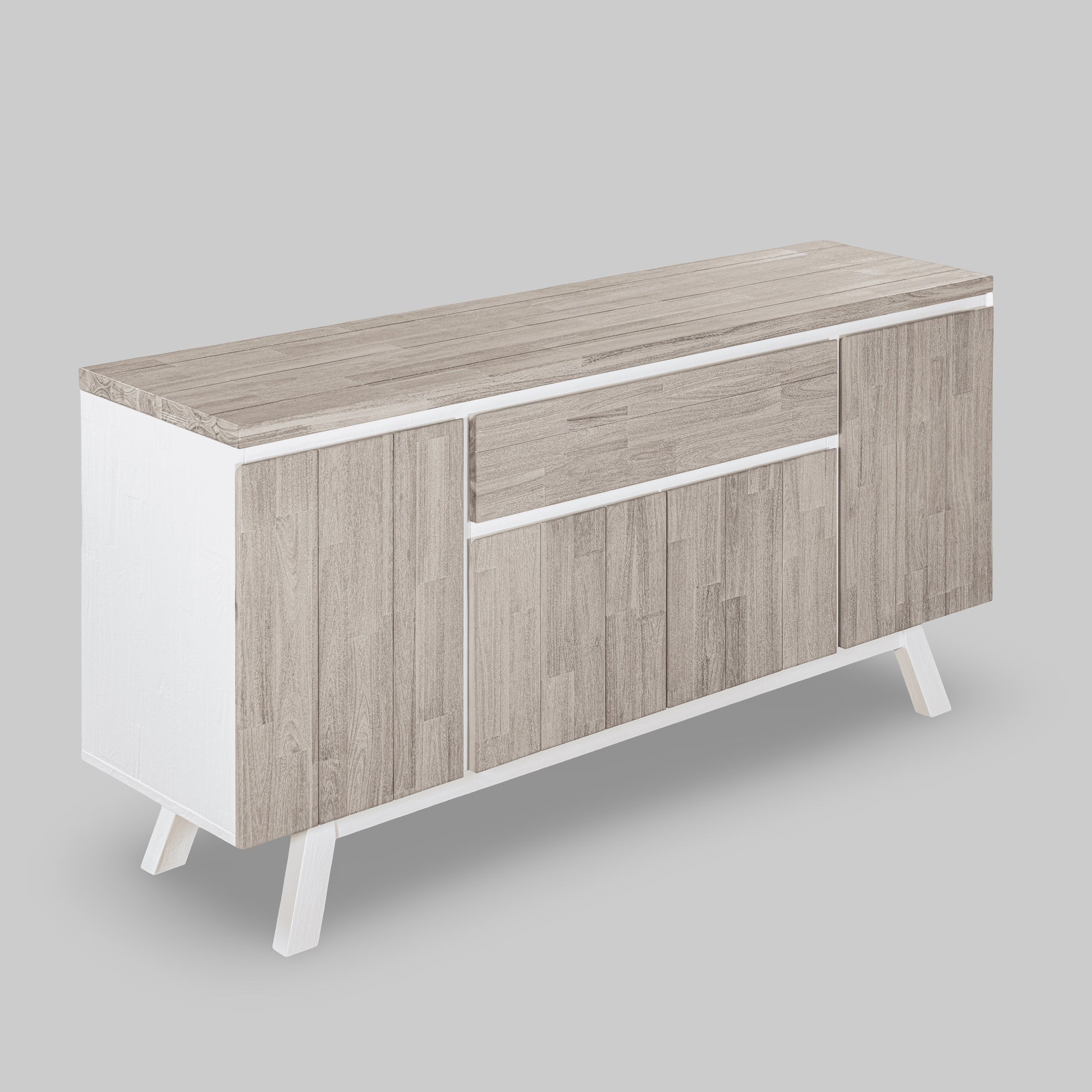 Wooden sideboard with white legs on a gray background

