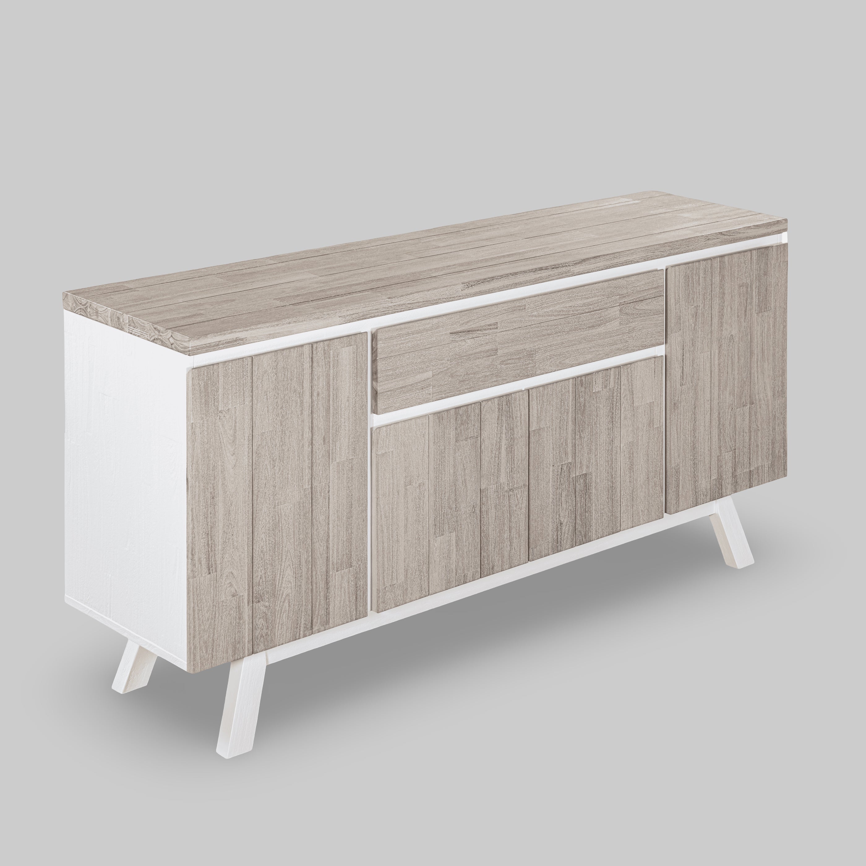 Wooden sideboard with white legs on a gray background

