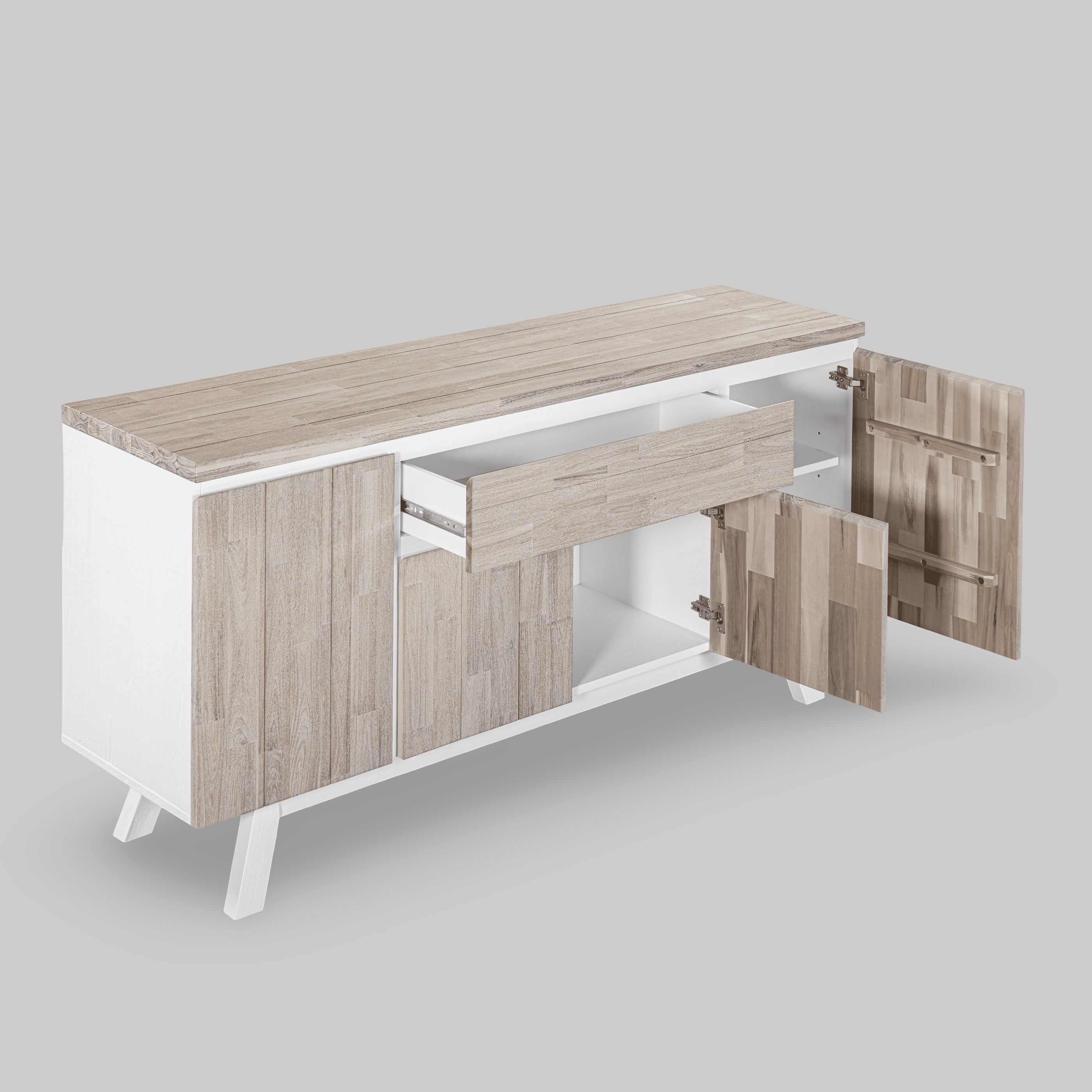 Wooden sideboard with open doors on a gray background

