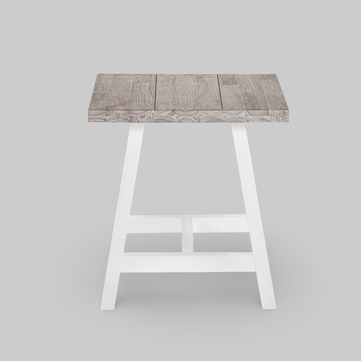 Bar stool with wooden seat and white base on a gray background

