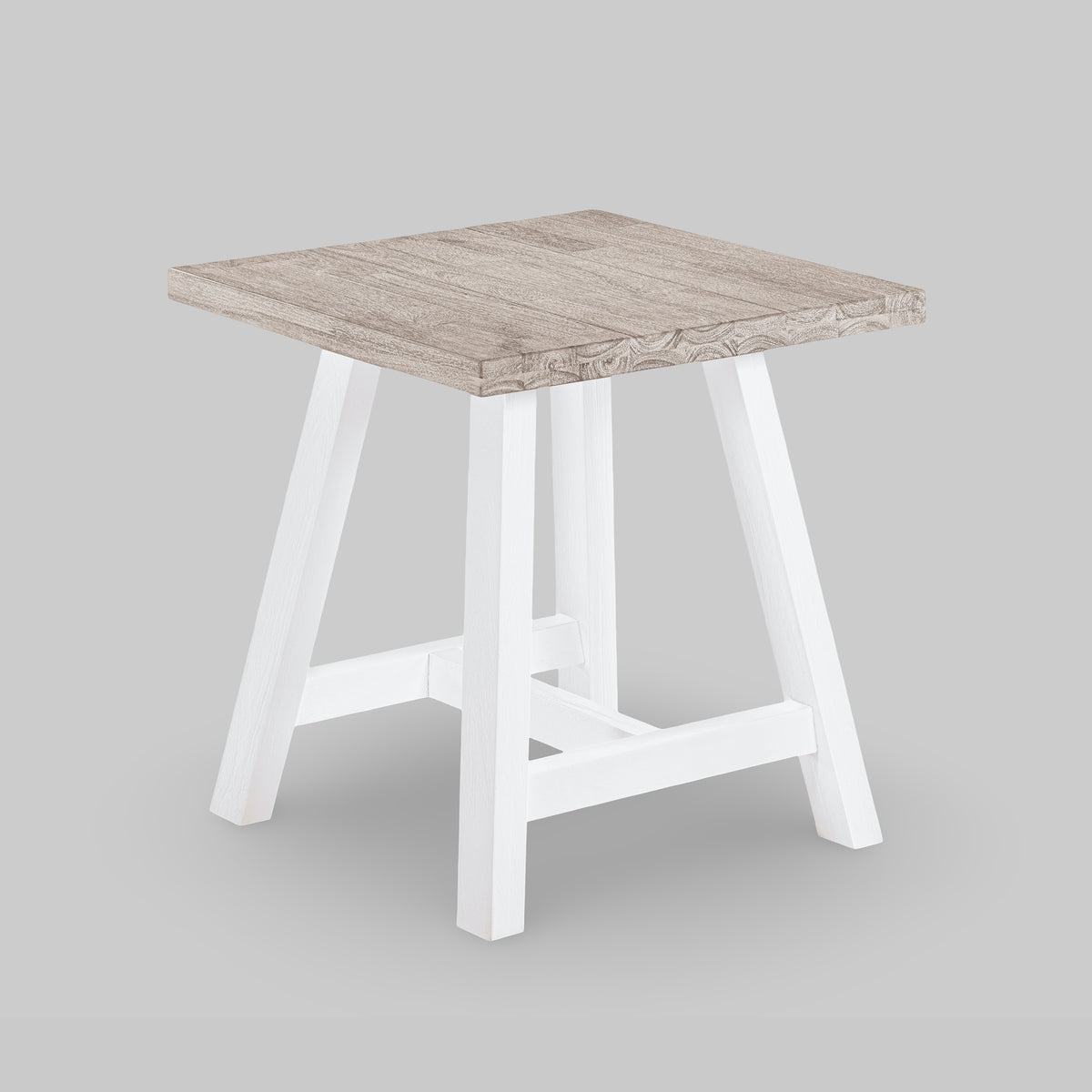 Small square table with wooden top and white legs on a gray background

