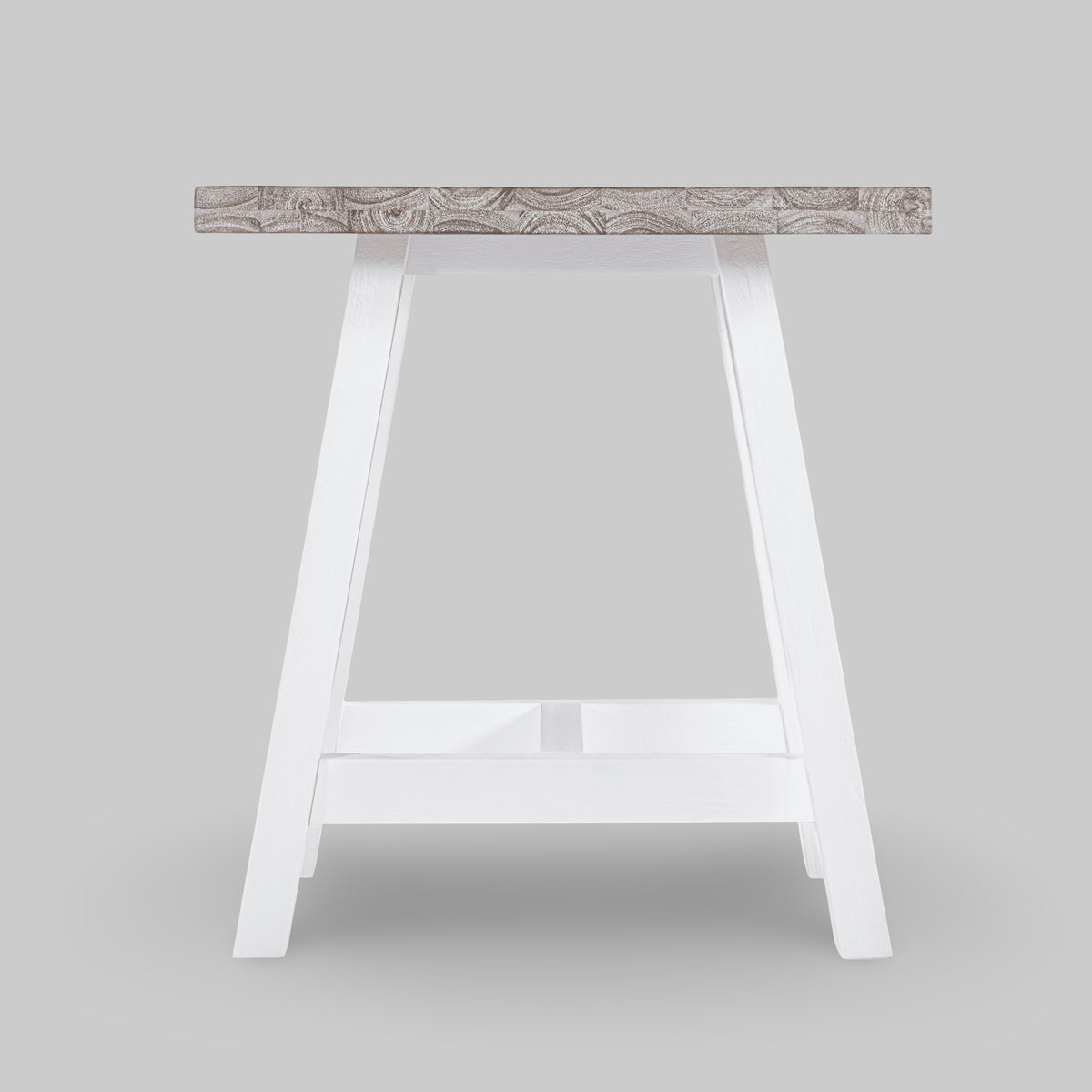 White bar stool with a decorative wooden seat on a gray background

