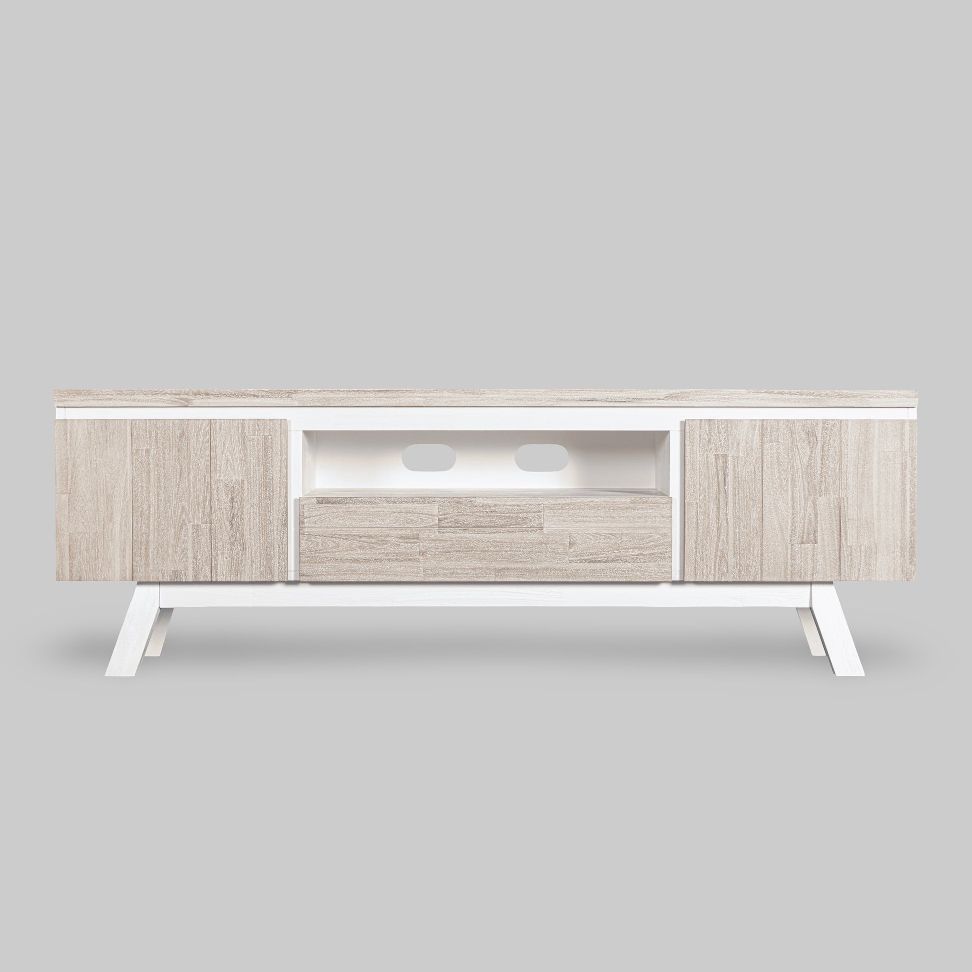 Wooden entertainment console with white legs on a gray background

