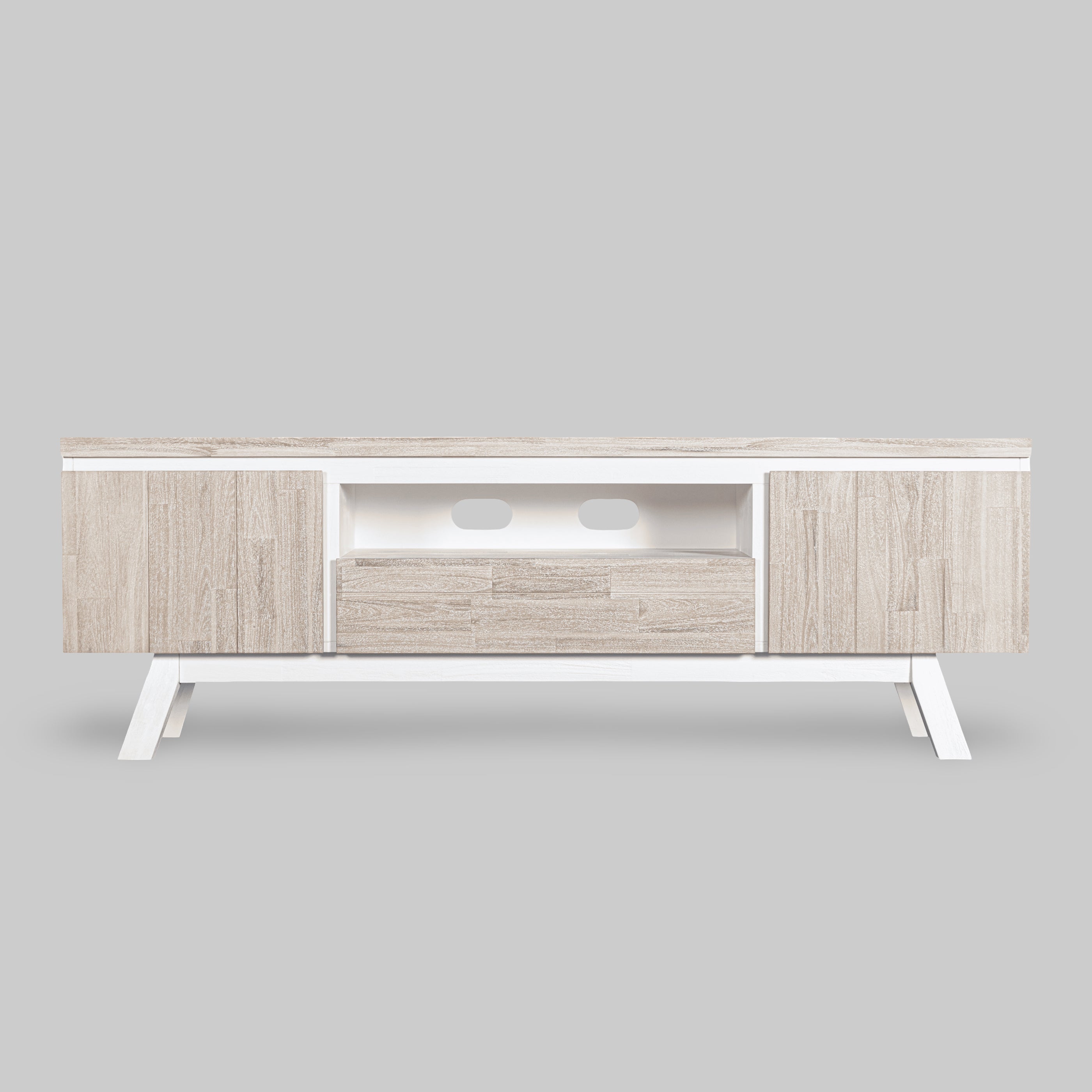 Wooden entertainment console with white legs on a gray background

