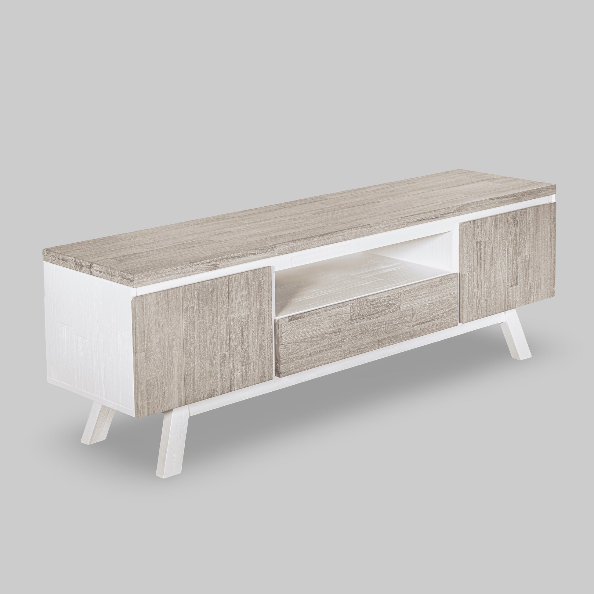 Wooden TV stand with white frame on a gray background

