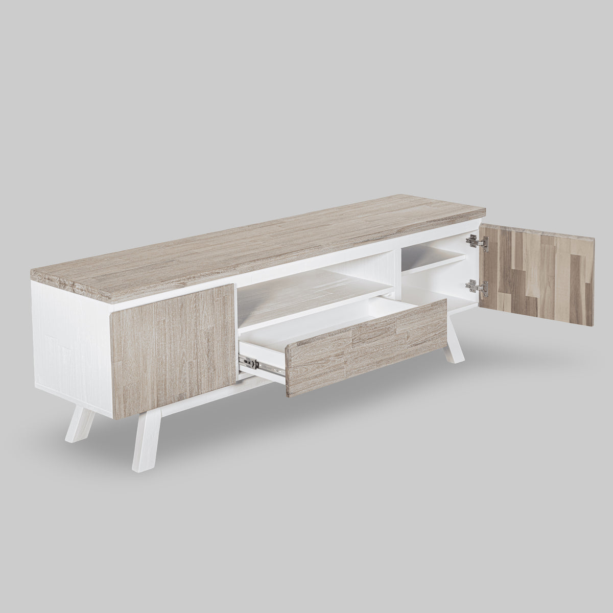 Wooden TV stand with white base on a gray background

