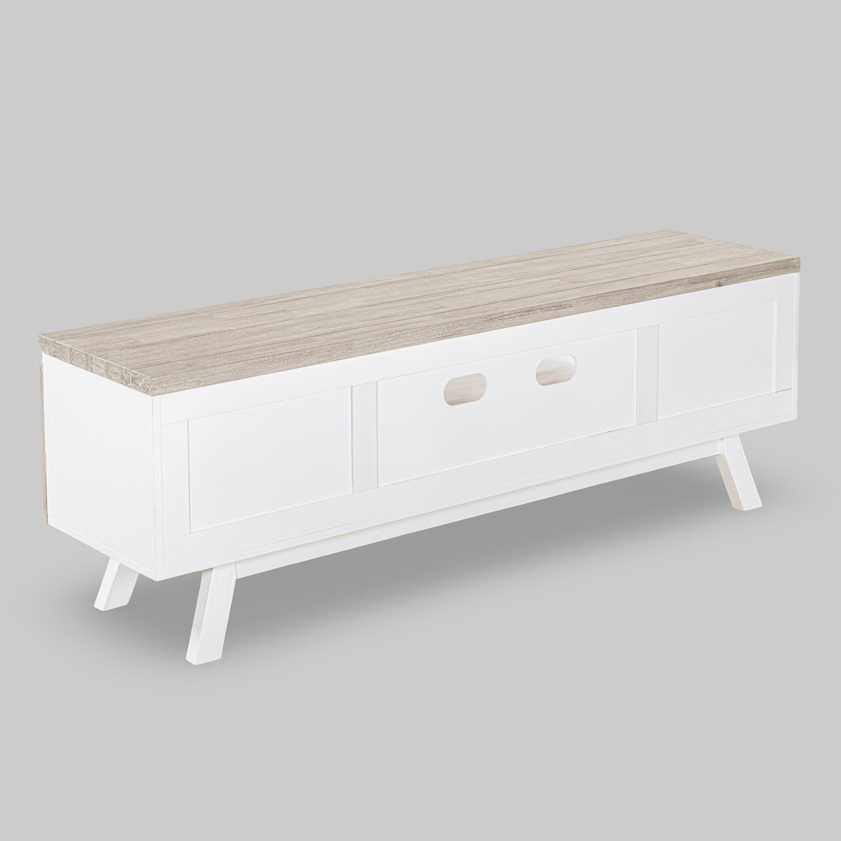 White TV stand with a wooden top on a gray background

