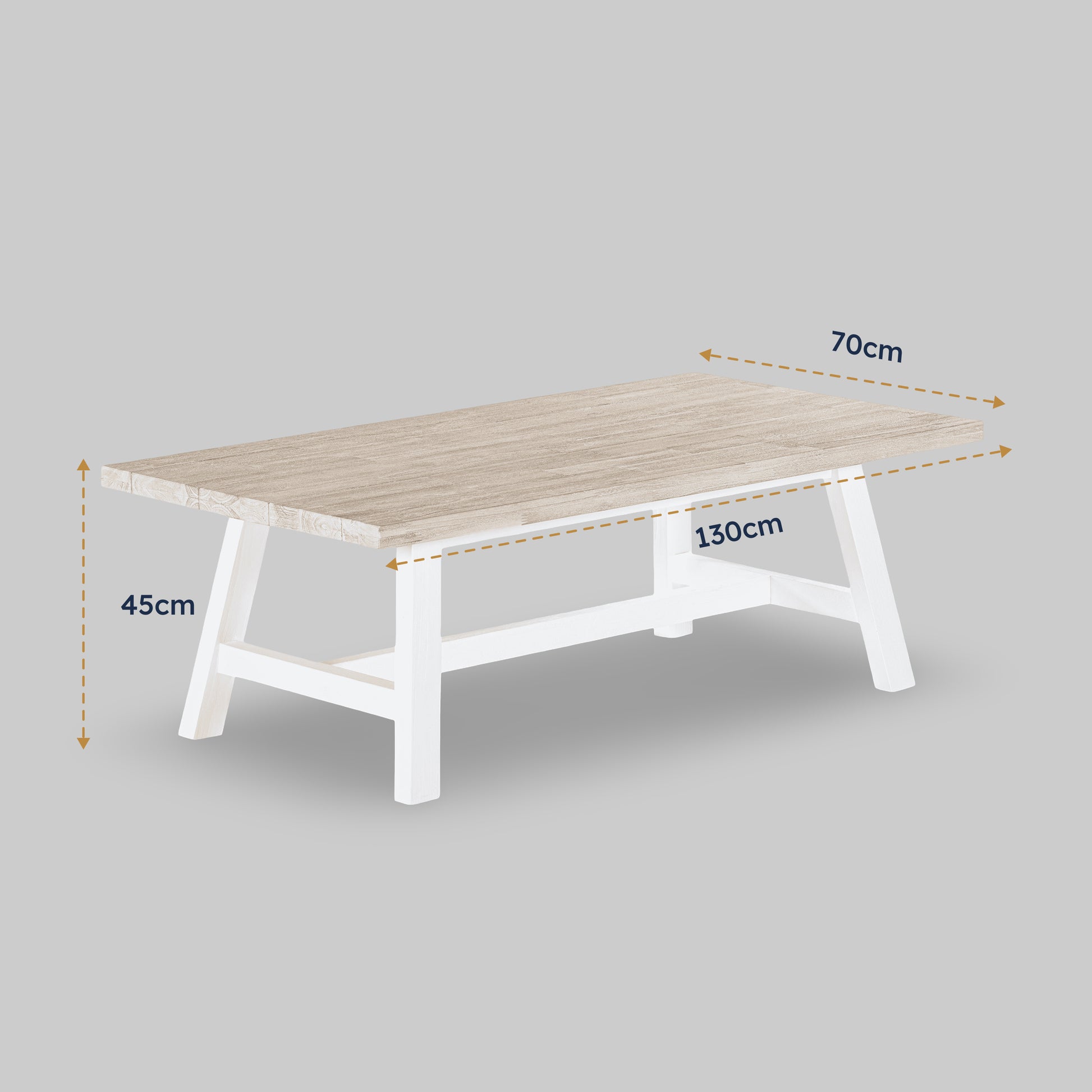 Wooden table with dimensions marked on a gray background

