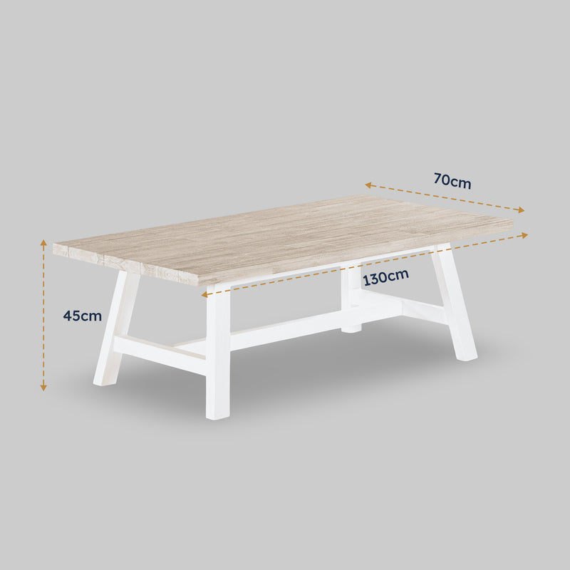 Wooden table with dimensions marked on a gray background

