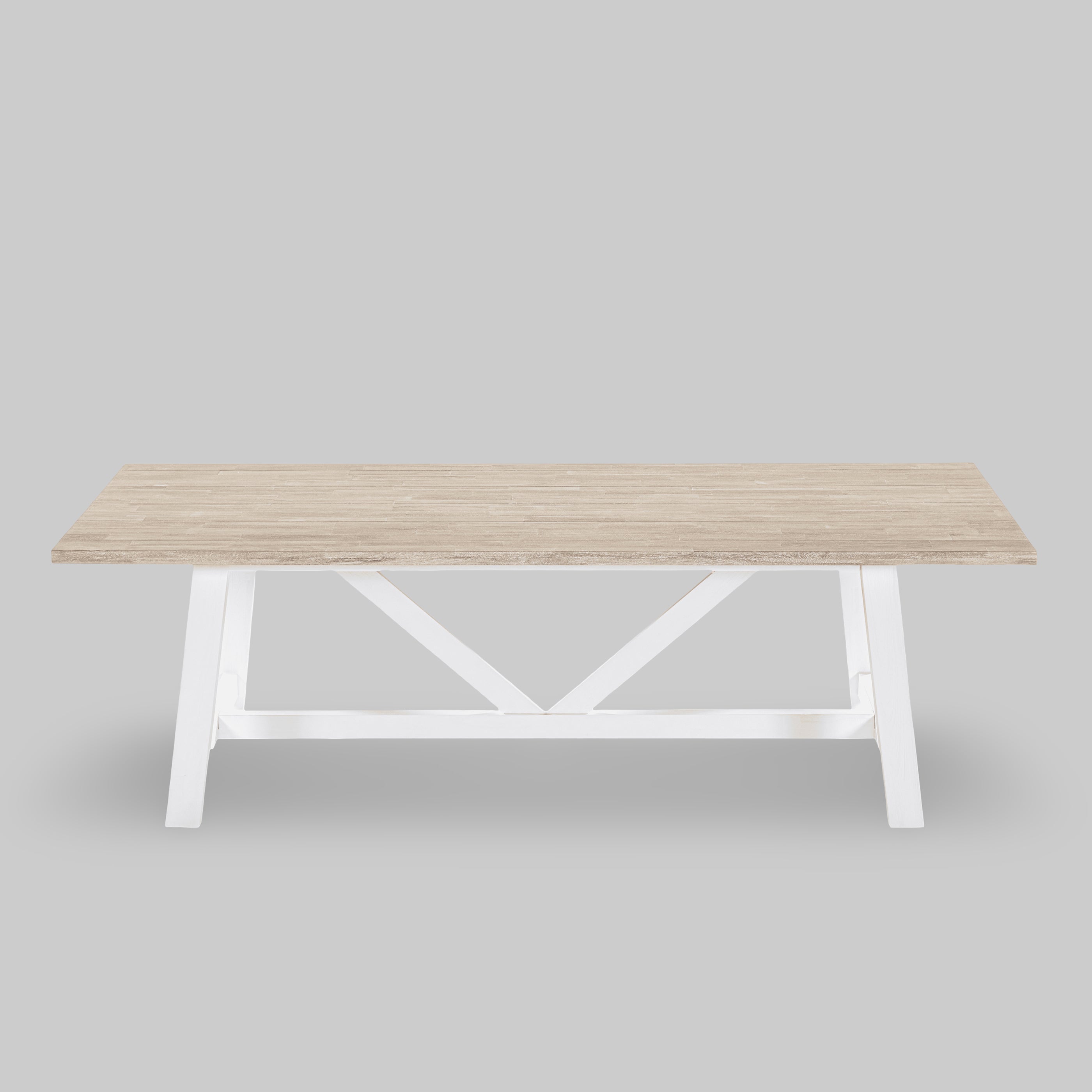 Wooden table with white base on a gray background

