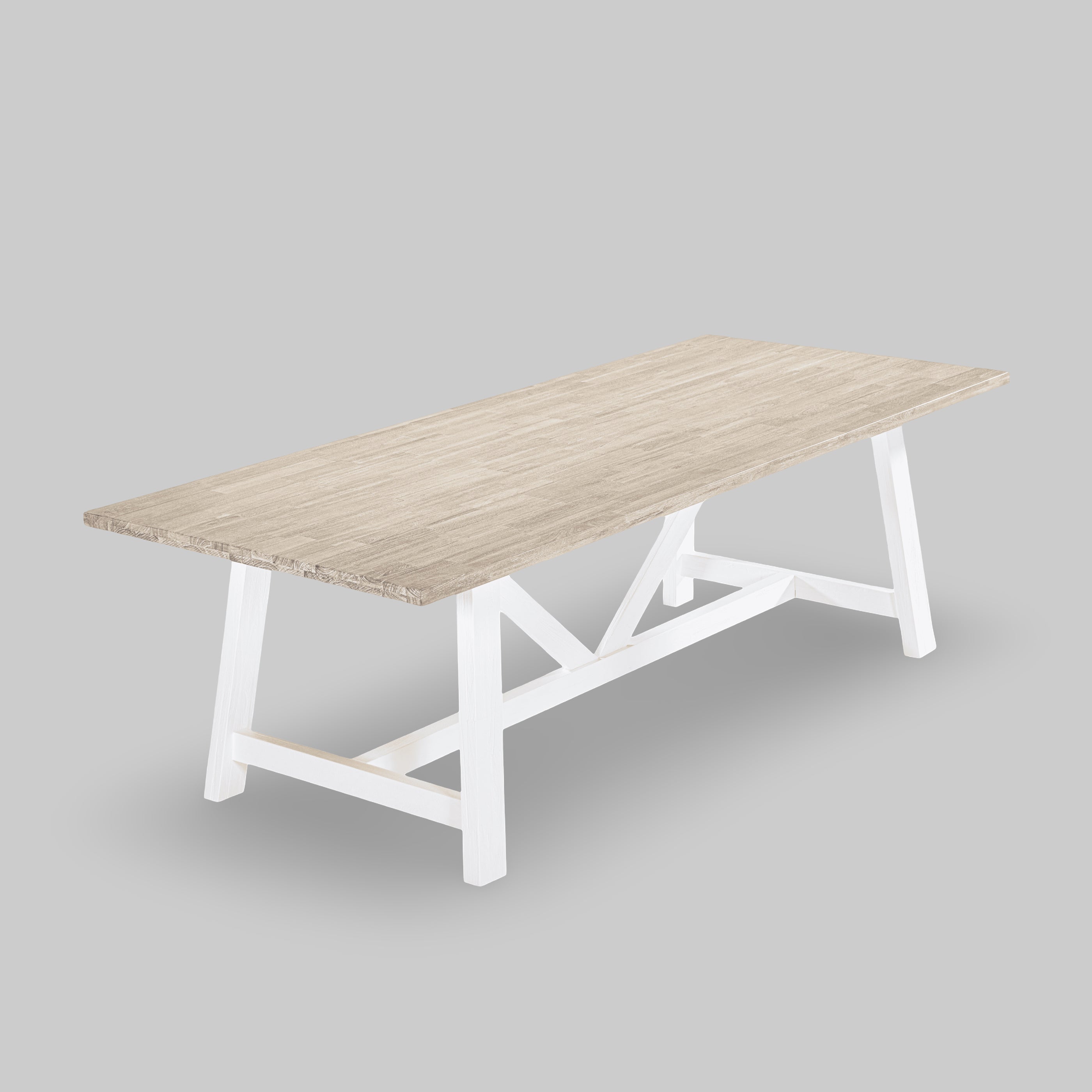 Wooden table with white legs on a gray background

