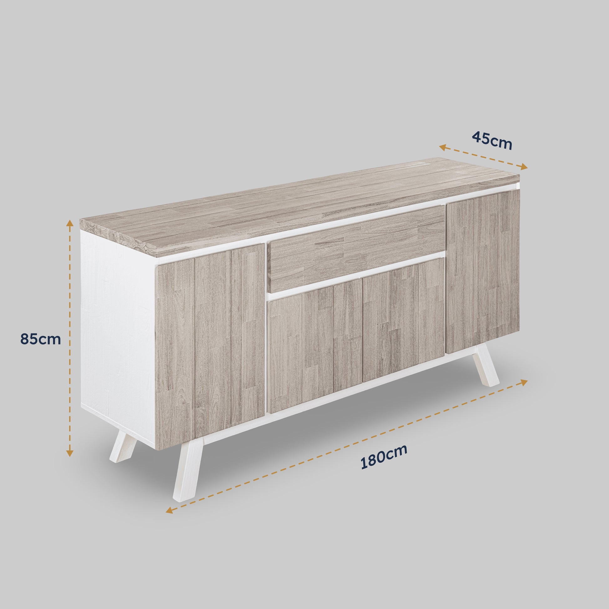 Wooden sideboard with dimensions on a gray background

