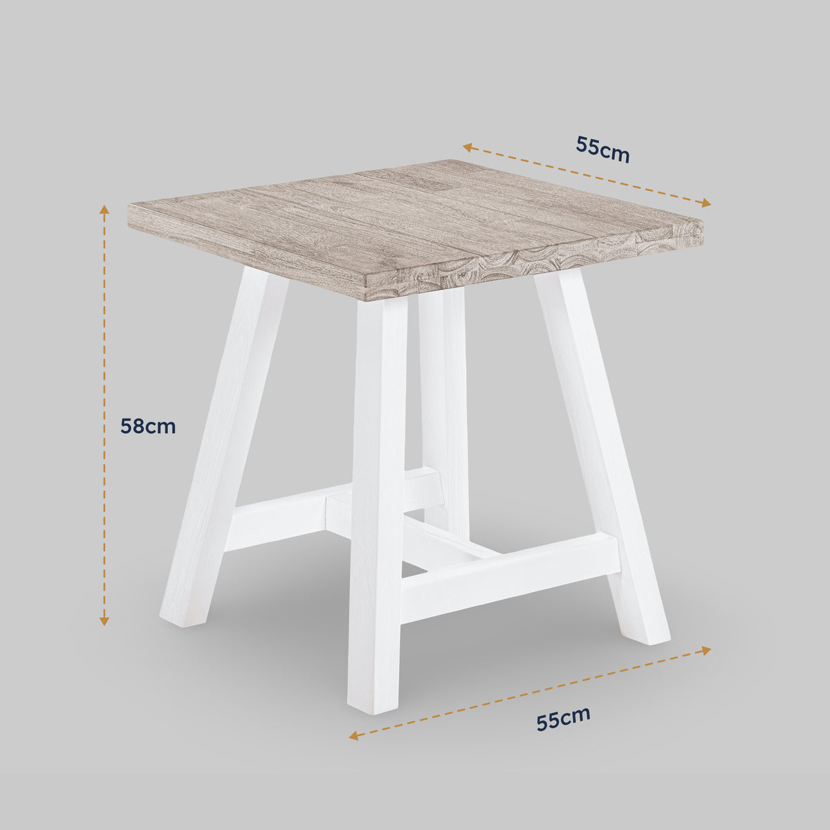 Small table with dimensions labeled on a gray background

