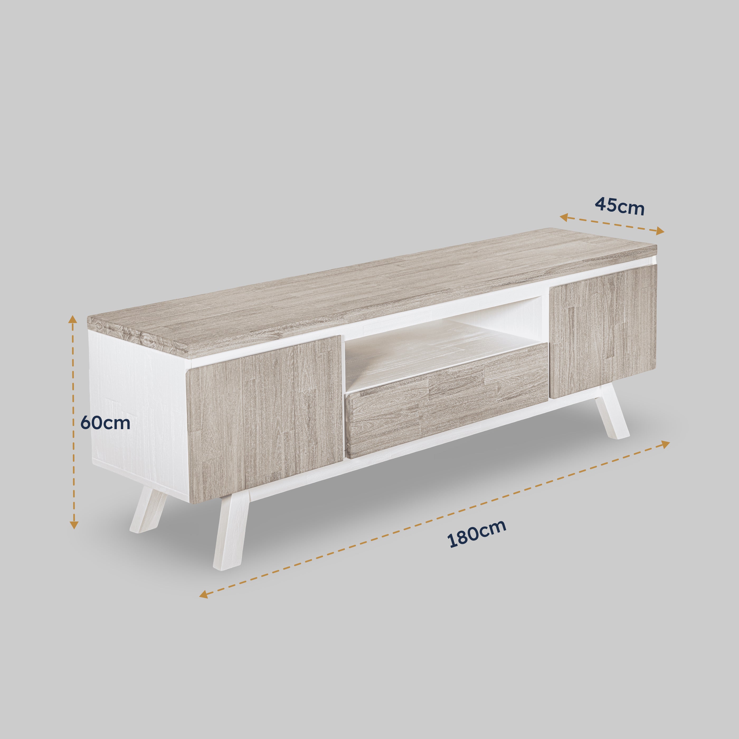 Wooden TV stand with dimensions on a gray background

