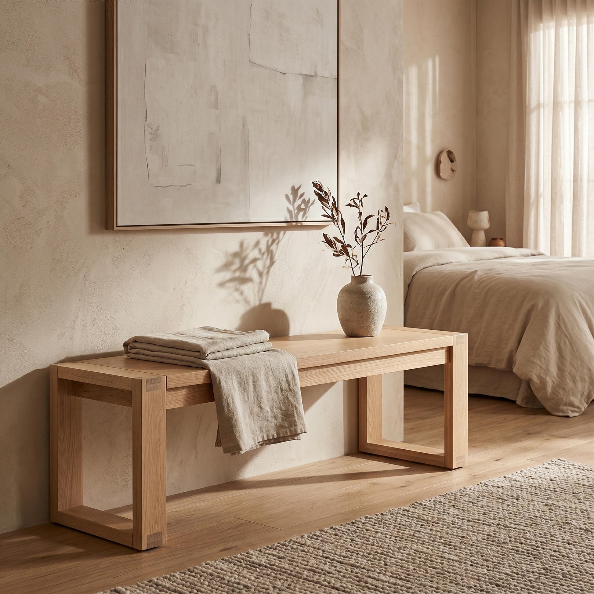 Wooden bench with folded towels in a bedroom setting with a bed and abstract art on the wall.

