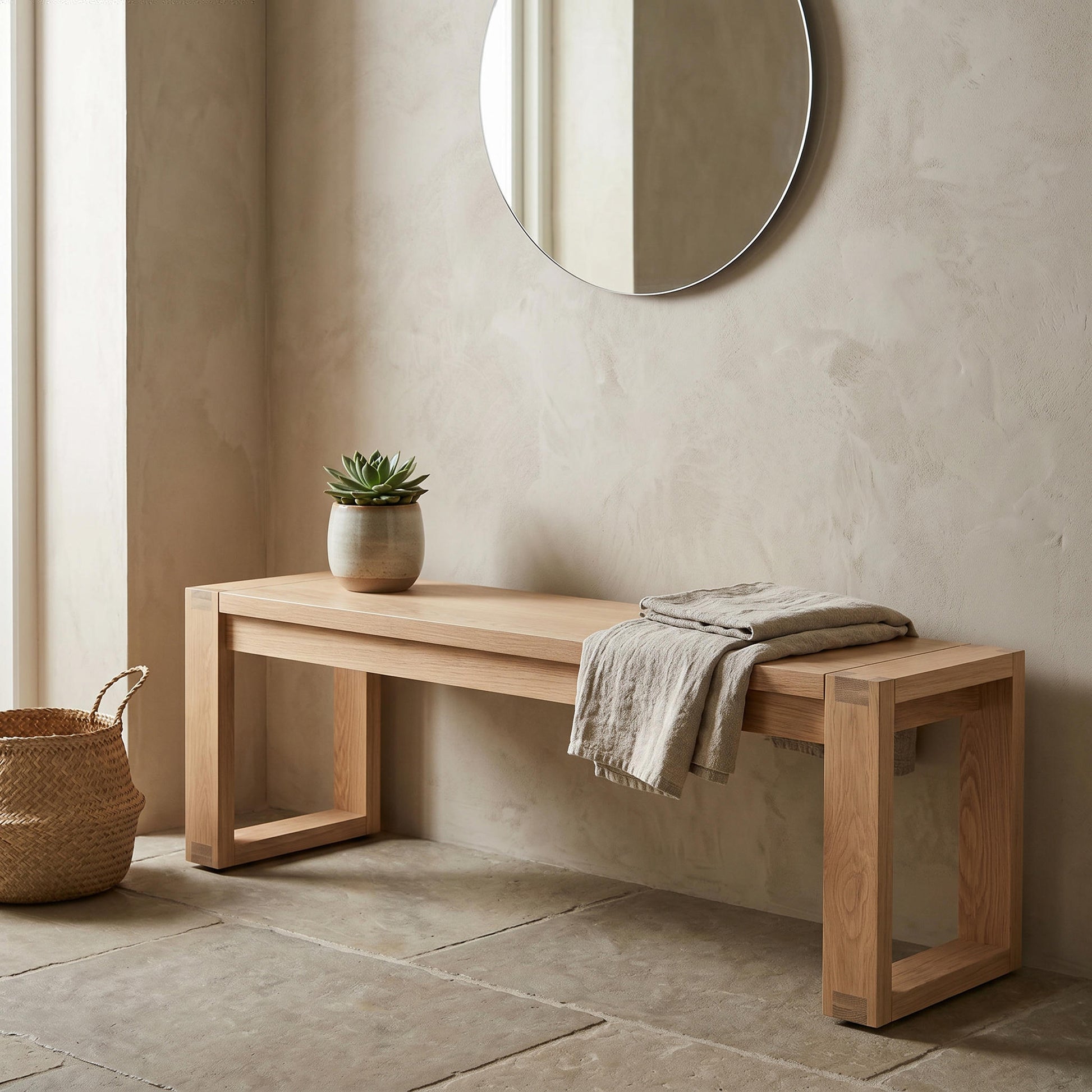 Wooden bench with a plant and towel against a beige wall

