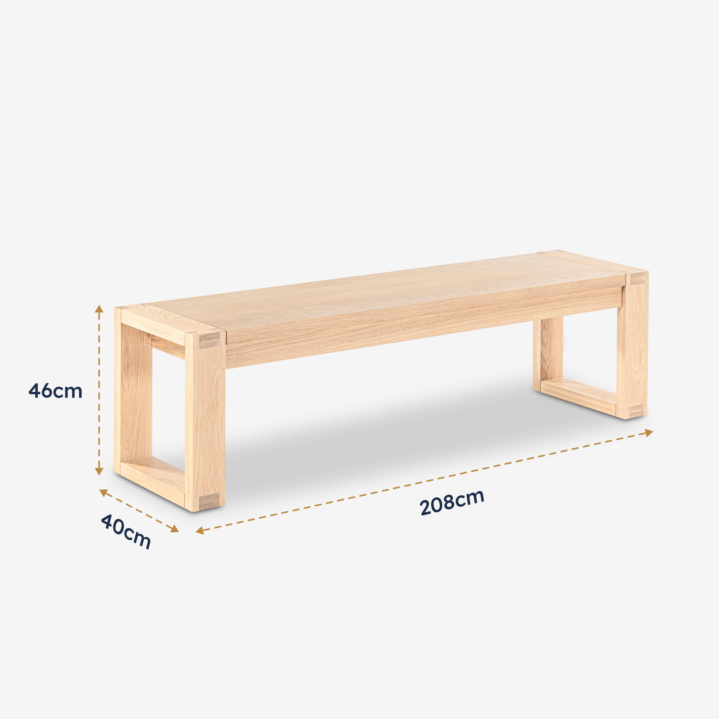 Richmond Pine Dining Bench 200cm - Natural shown in a dimension diagram marked 208cm by 40cm by 46cm, on open loop legs