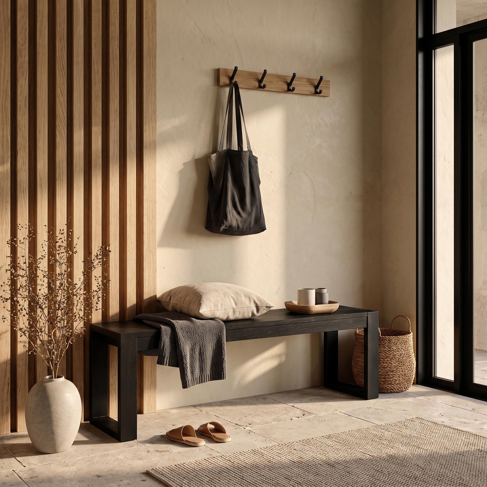 Richmond Pine Dining Bench 150cm - Black in an entryway below a peg rail, draped with a throw beside a slatted timber screen
