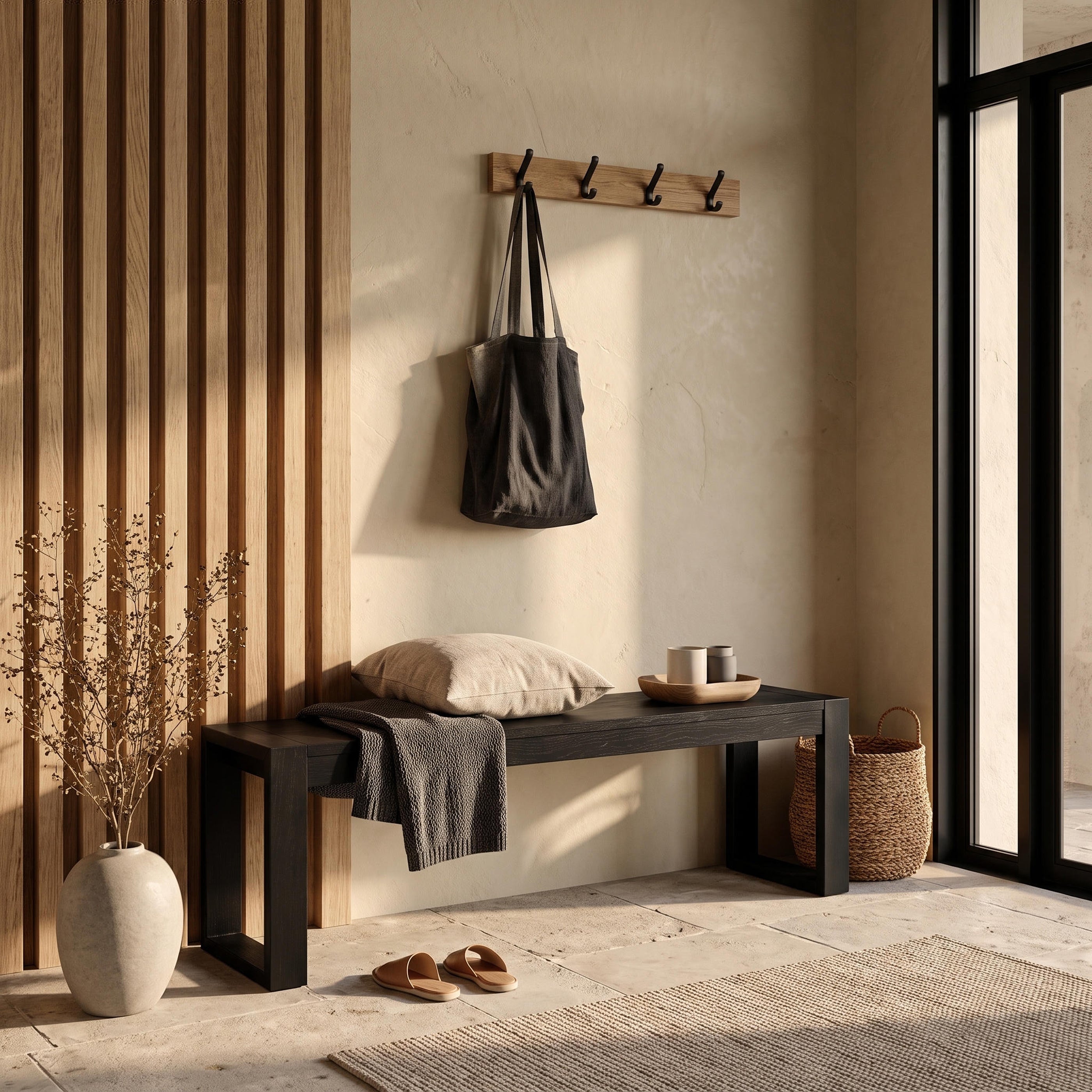 Richmond Pine Dining Bench 150cm - Black in an entryway below a peg rail, draped with a throw beside a slatted timber screen