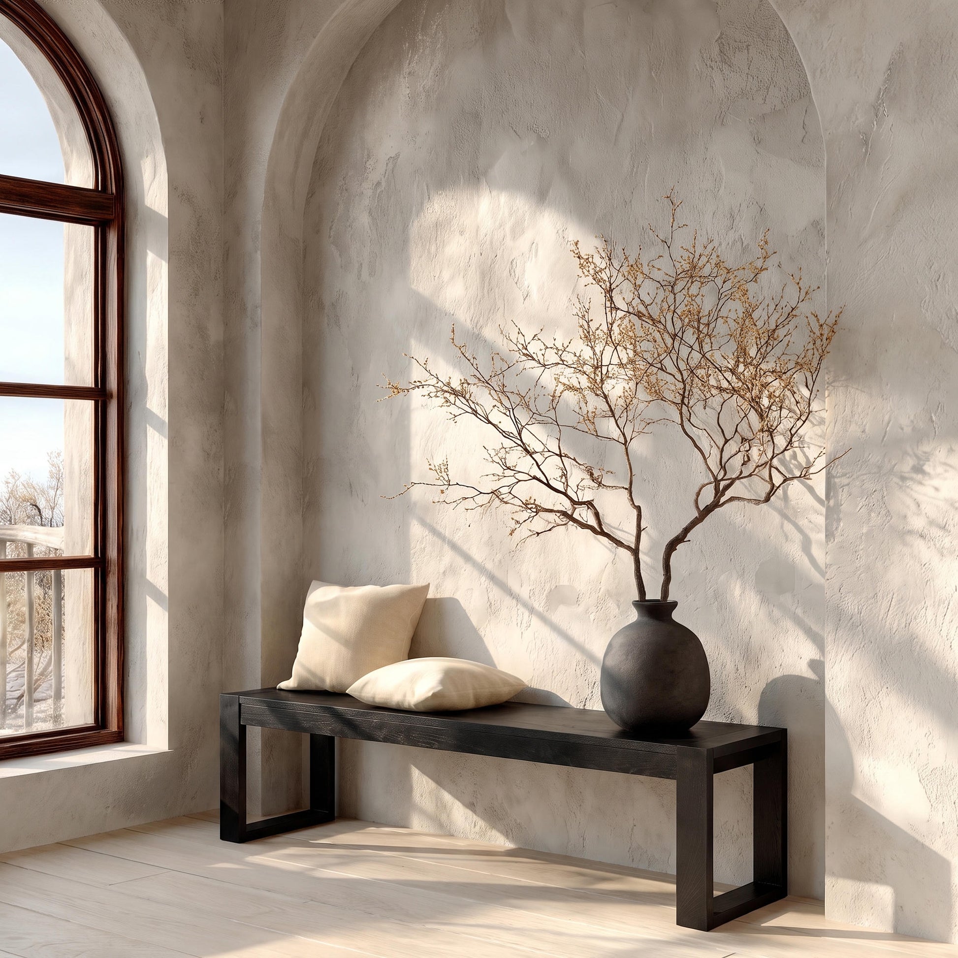 Richmond Pine Dining Bench 200cm - Black in an arched alcove by a window, topped with cushions beside a branch in a dark urn