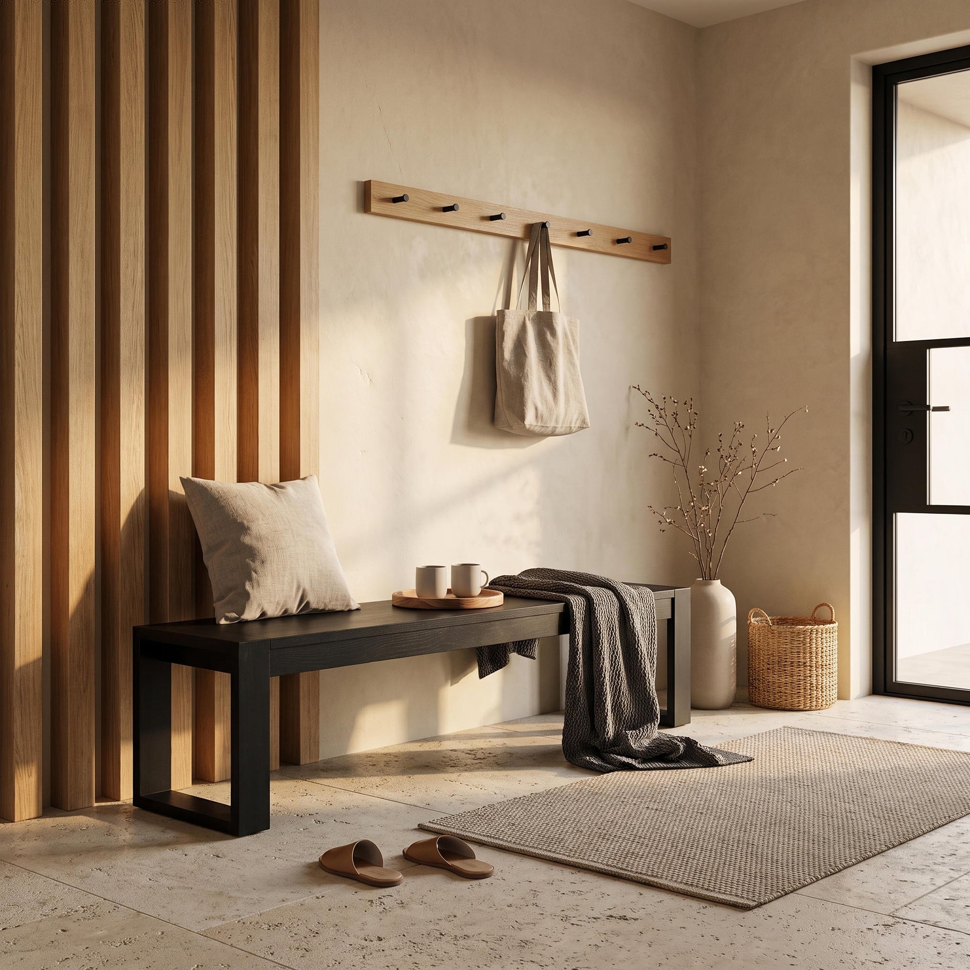 Richmond Pine Dining Bench 200cm - Black in an entryway below a peg rail, styled with a cushion, throw and ceramic bowls
