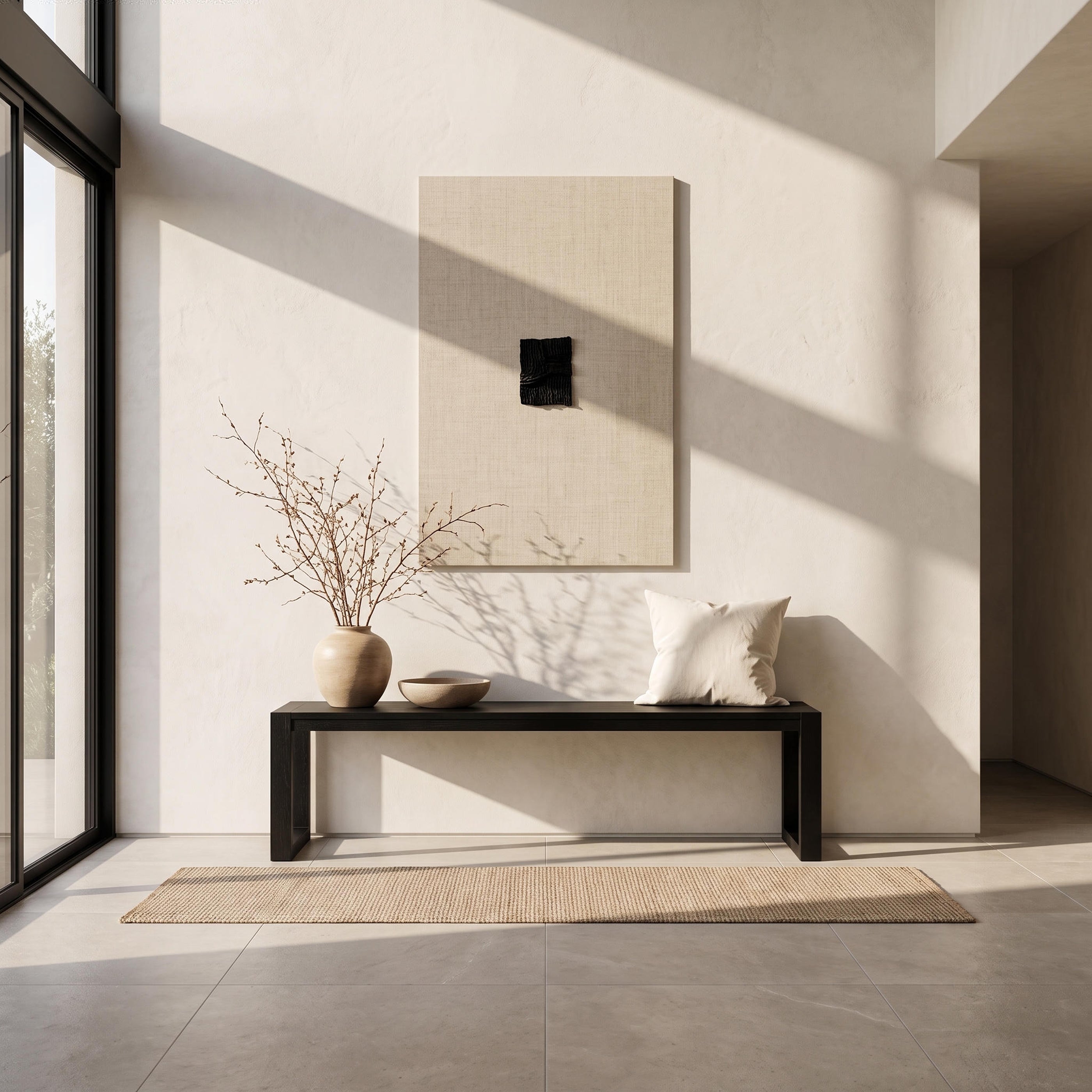Richmond Pine Dining Bench 200cm - Black in a sunlit hall below a textured canvas, topped with a bowl and cushion