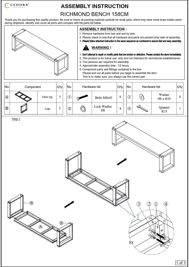 Assembly instruction sheet for a Richmond bench 158cm with diagrams and text.

