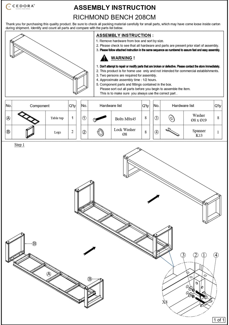 Assembly instruction sheet for a Richmond Bench 208CM with diagrams and text.

