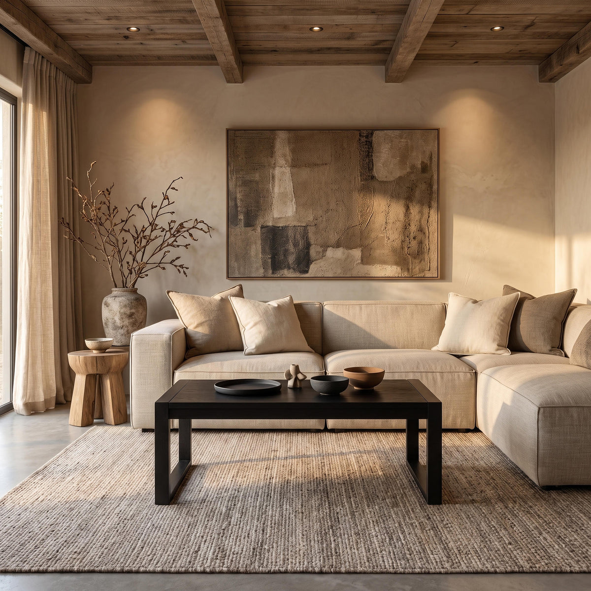 Richmond Pine Coffee Table - Black in front of a linen sectional under timber beams, topped with dark stoneware bowls