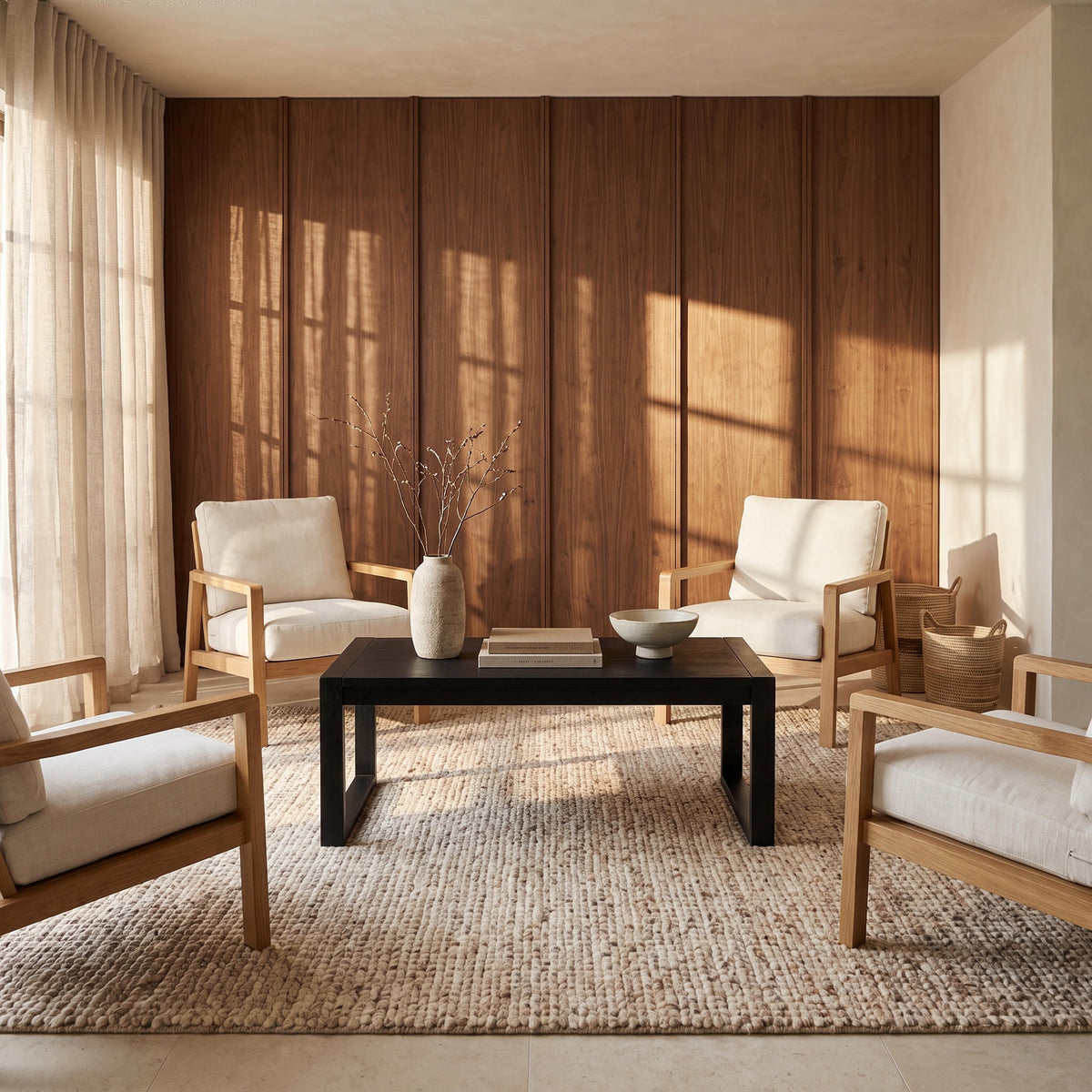 Richmond Pine Coffee Table - Black between four armchairs on a woven rug, topped with a vase and books by long curtains