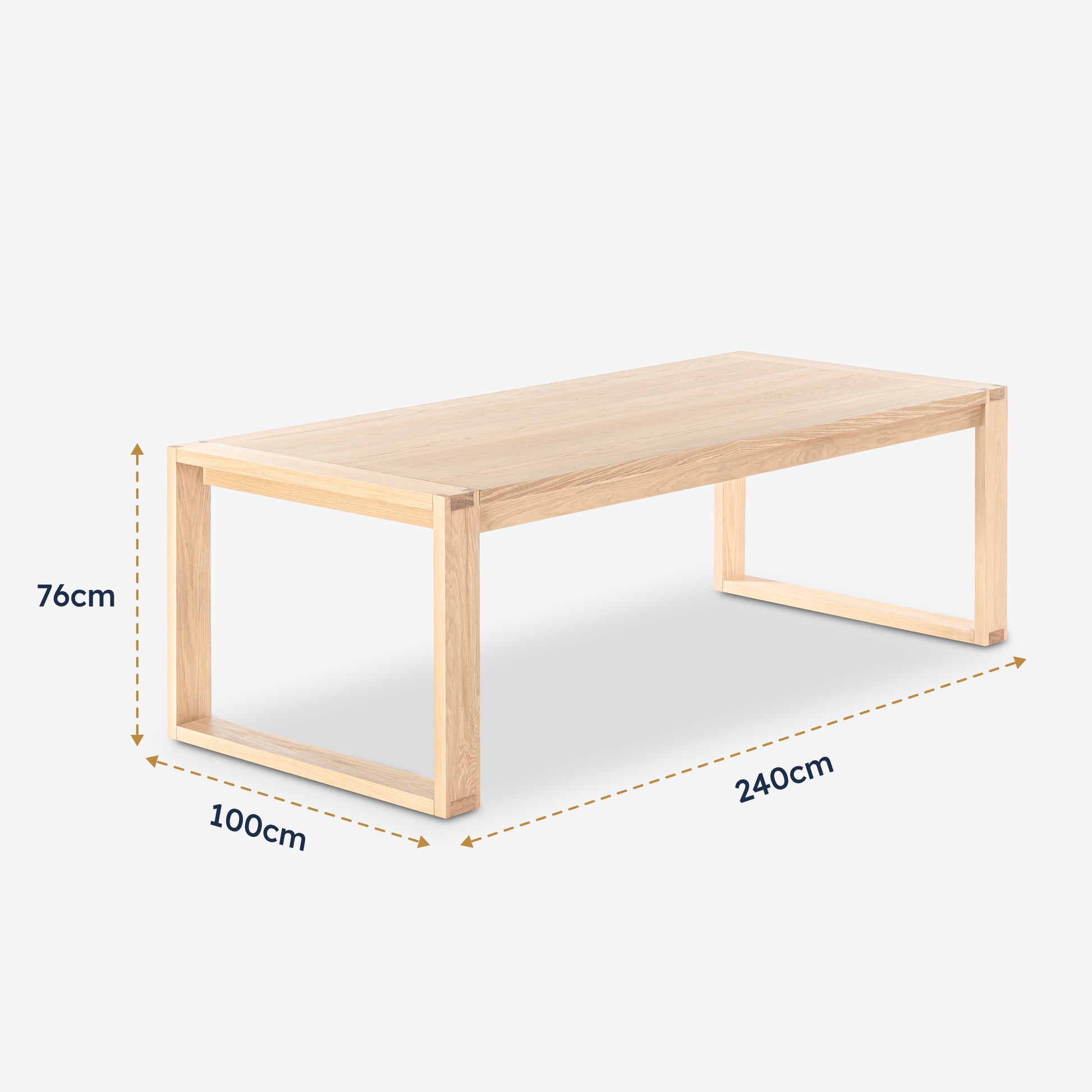 Richmond Pine Dining Table 240cm - Natural shown in a dimension diagram marked 240cm by 100cm by 76cm, on open loop legs