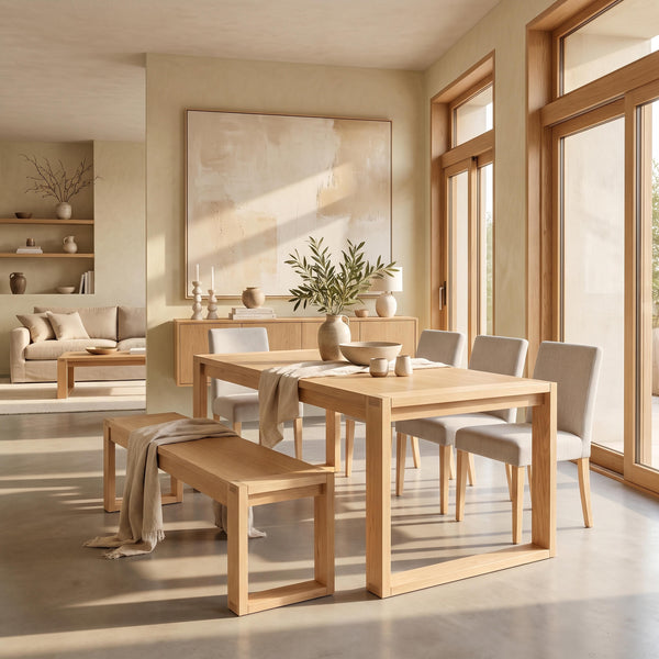 Richmond Pine Dining Table 190cm with 4 chairs & Bench 158cm - Natural