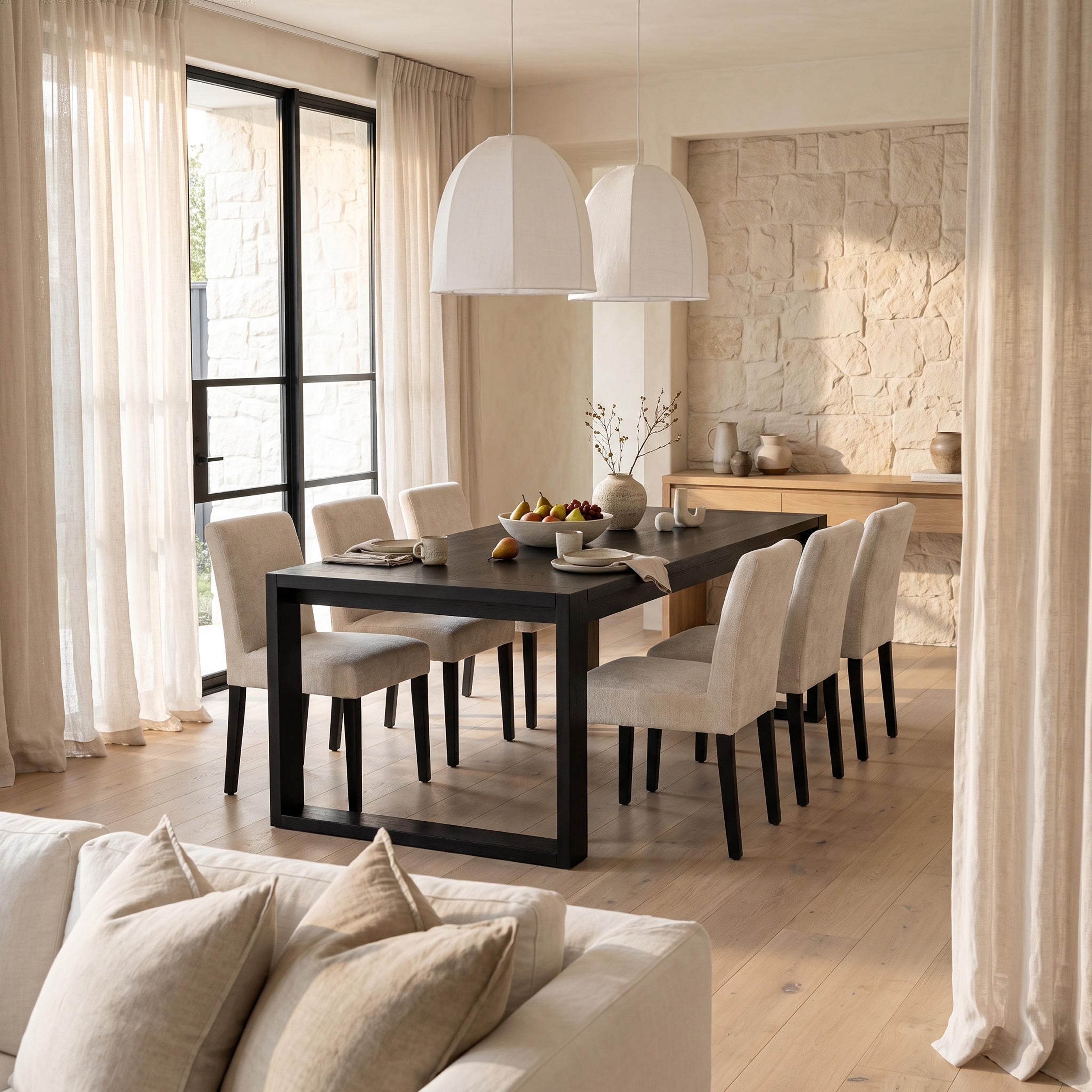 Richmond Pine Dining Table 190cm with 6 Chairs - Black