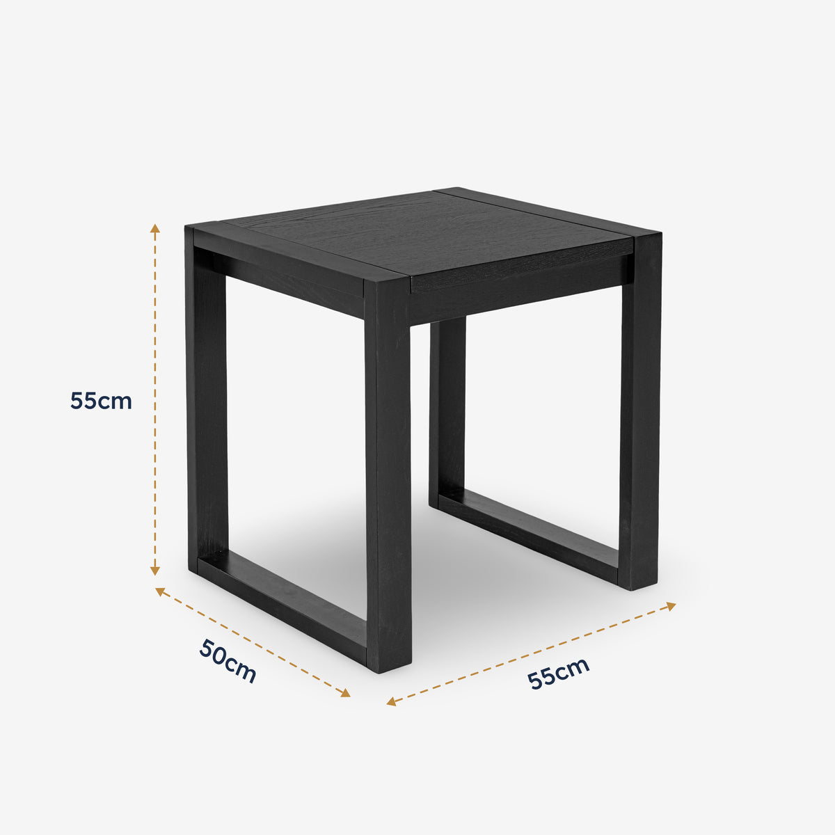 Richmond Pine End Table - Black shown in a dimension diagram marked 55cm by 50cm by 55cm, on open loop legs