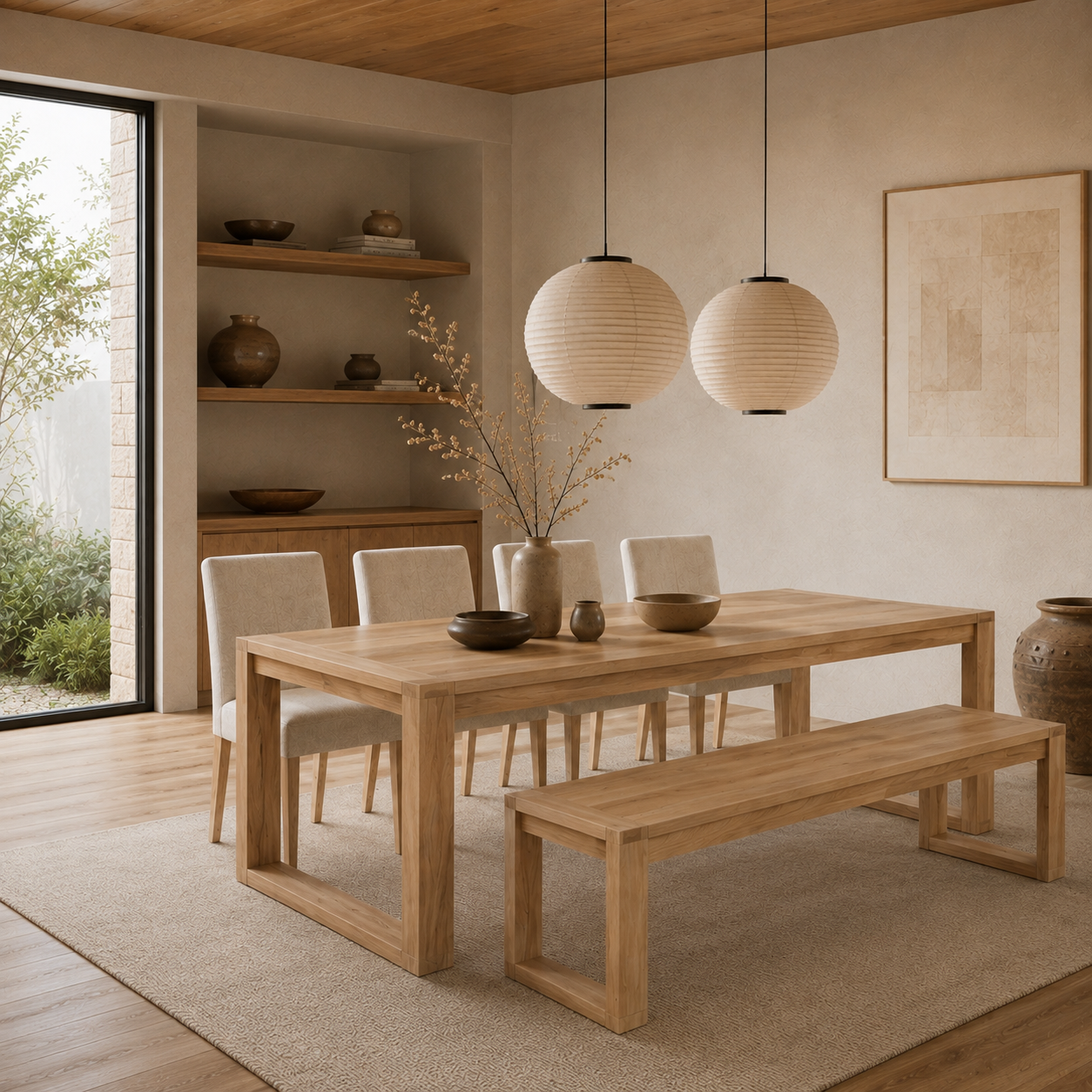 Richmond Pine Dining Table 240cm with 4 chairs & Bench 208cm  - Natural
