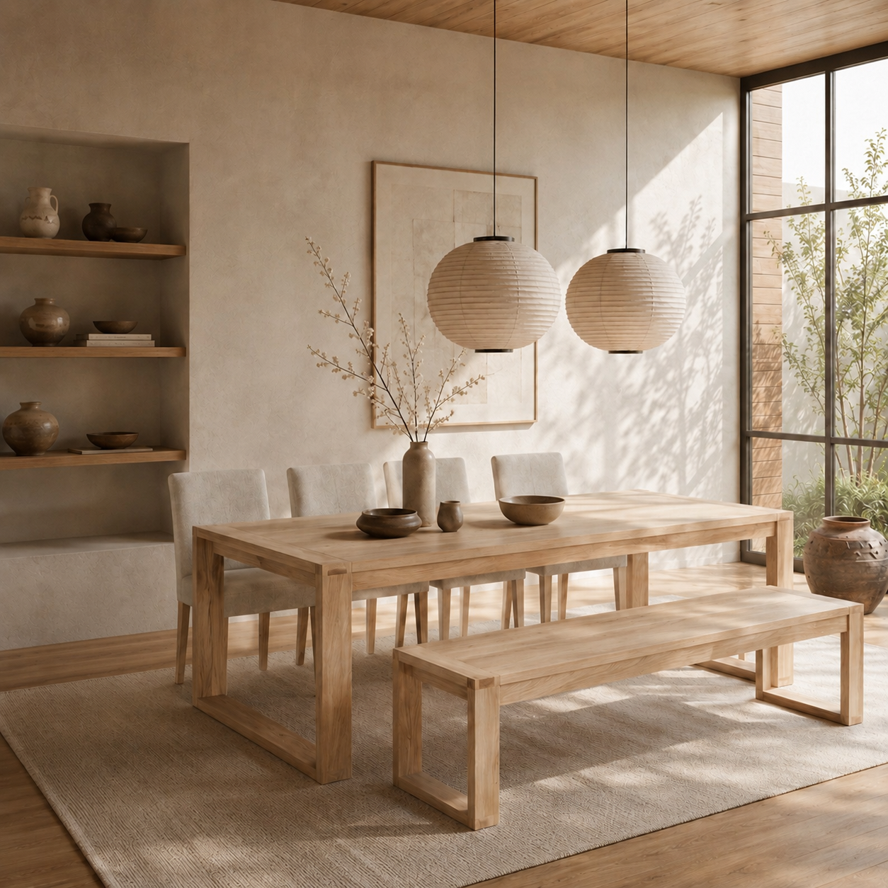 Richmond Pine Dining Table 240cm with 4 chairs & Bench 208cm  - Natural