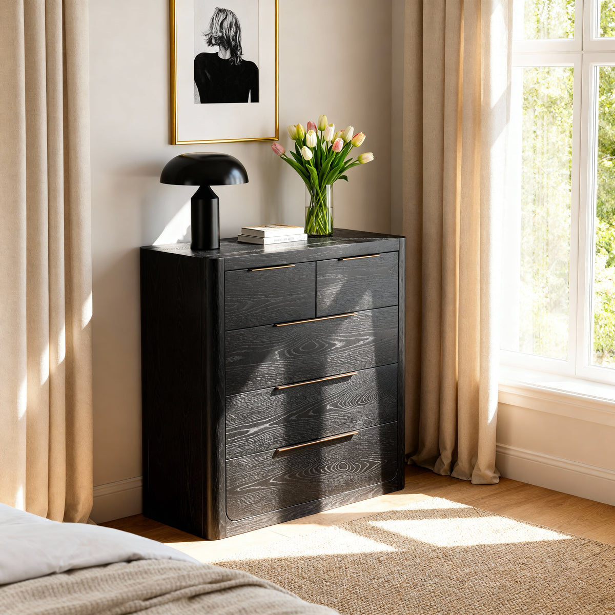 Liverpool Pine 3-Piece Bedroom Set – Queen Bed, Bedside & Tallboy – Black — Liverpool Tallboy — lifestyle 1