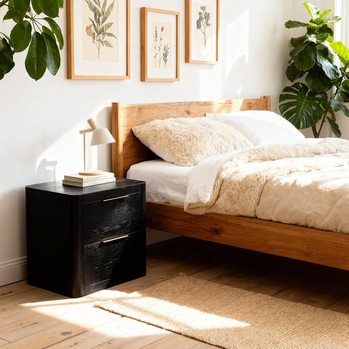 Liverpool Pine 3-Piece Bedroom Set – Double Bed, Bedside & Tallboy – Black — Liverpool bedside table — lifestyle 1
