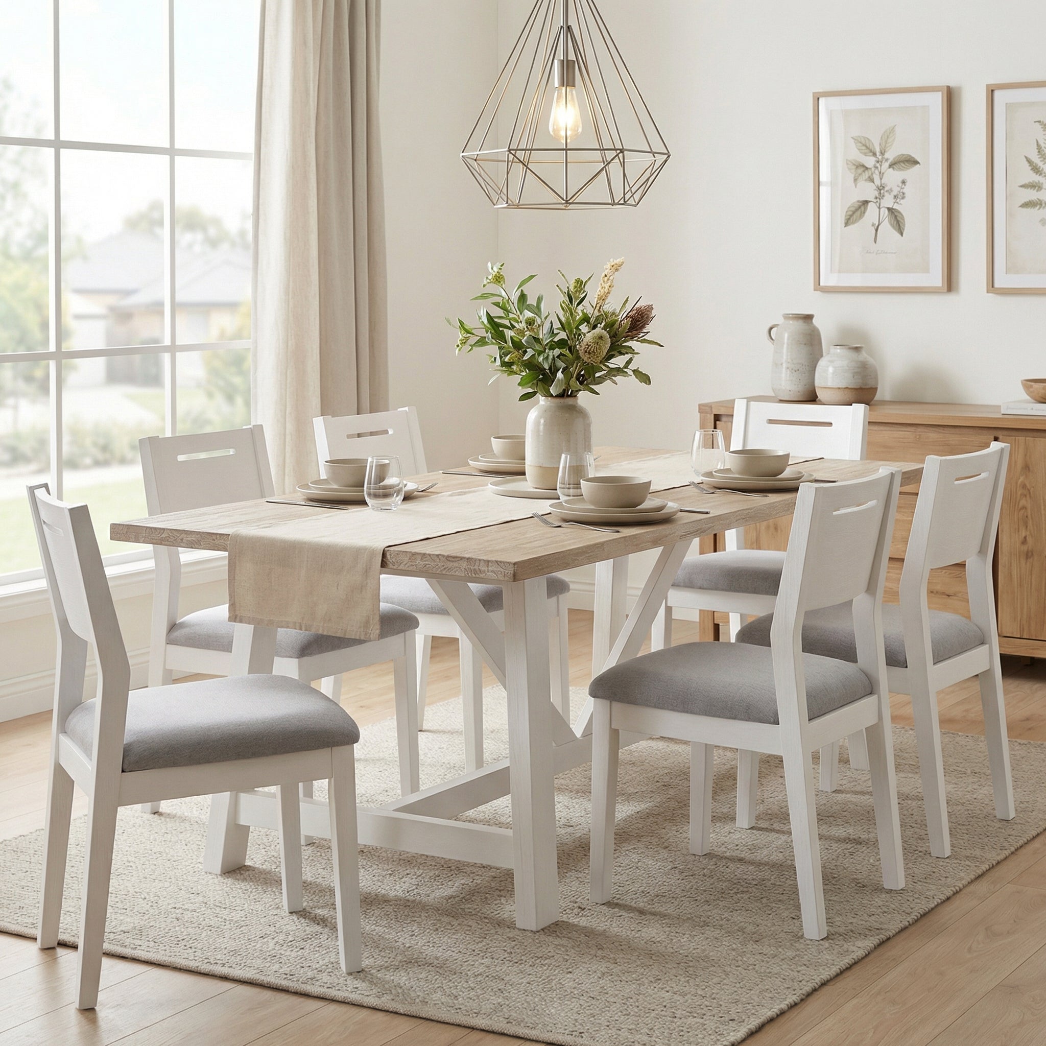 Dining room with a wooden table and white chairs with gray cushions, decorated with a vase of flowers and bowls.

