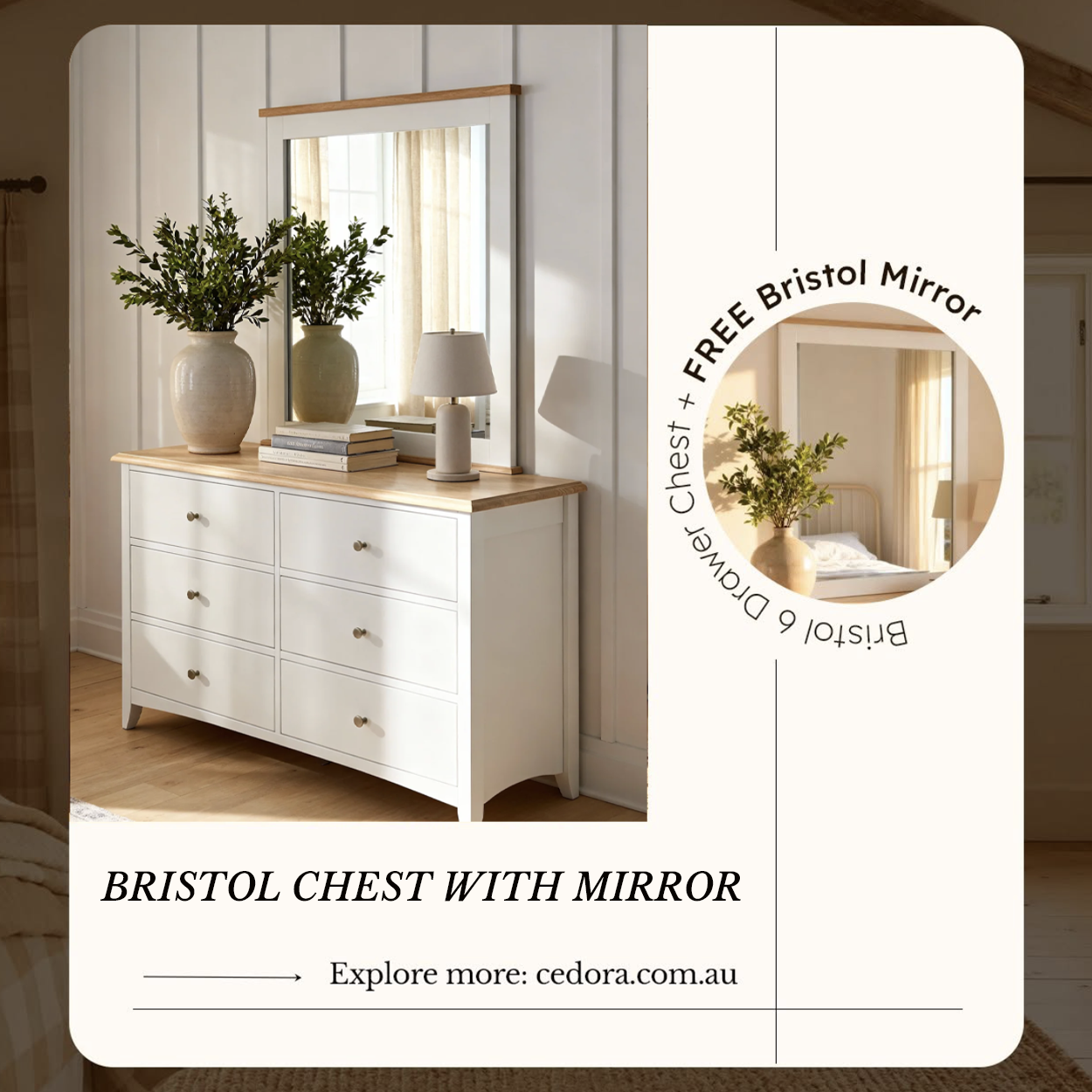Bristol Pine Mirror styled with vases and greenery against panelled walls, in a Cedora promotional graphic
