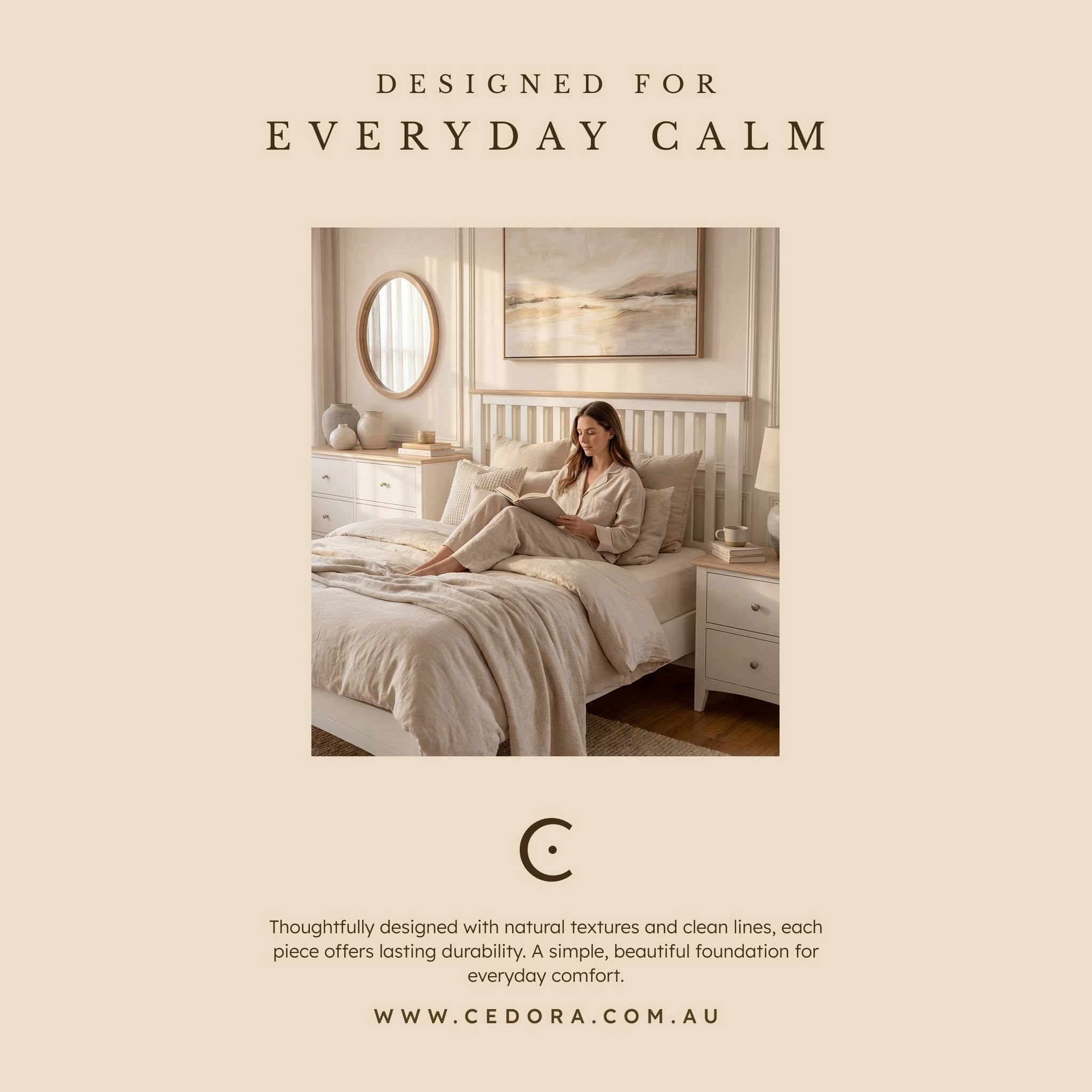 Bristol Pine Bed Frame shown with a woman relaxing on layered linen bedding, in a Cedora advert