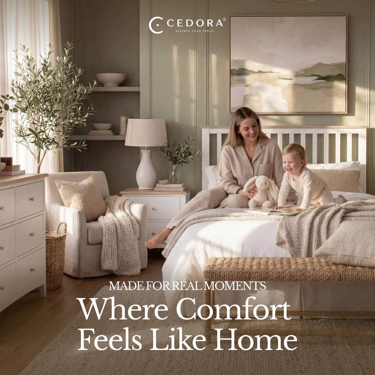 Bristol Pine Double Bed Frame shown with a mother and baby seated on it in a soft neutral bedroom