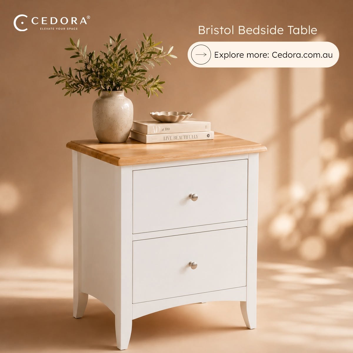 Bristol Pine 2 Drawer Bedside Table topped with an olive branch in a stone vase and stacked books