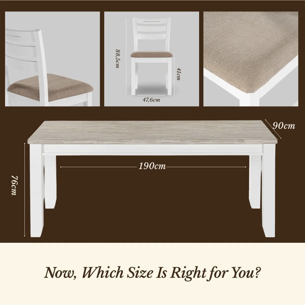 Byron Acacia Dining Table 190cm shown in a measured drawing beside close-ups of the chair and padded seat