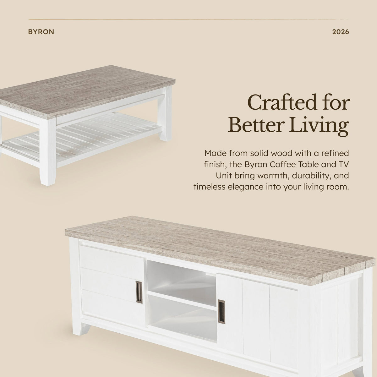 Byron Acacia 2 Door TV Unit shown alongside the matching coffee table, in a Cedora advert captioned Crafted for Better Living