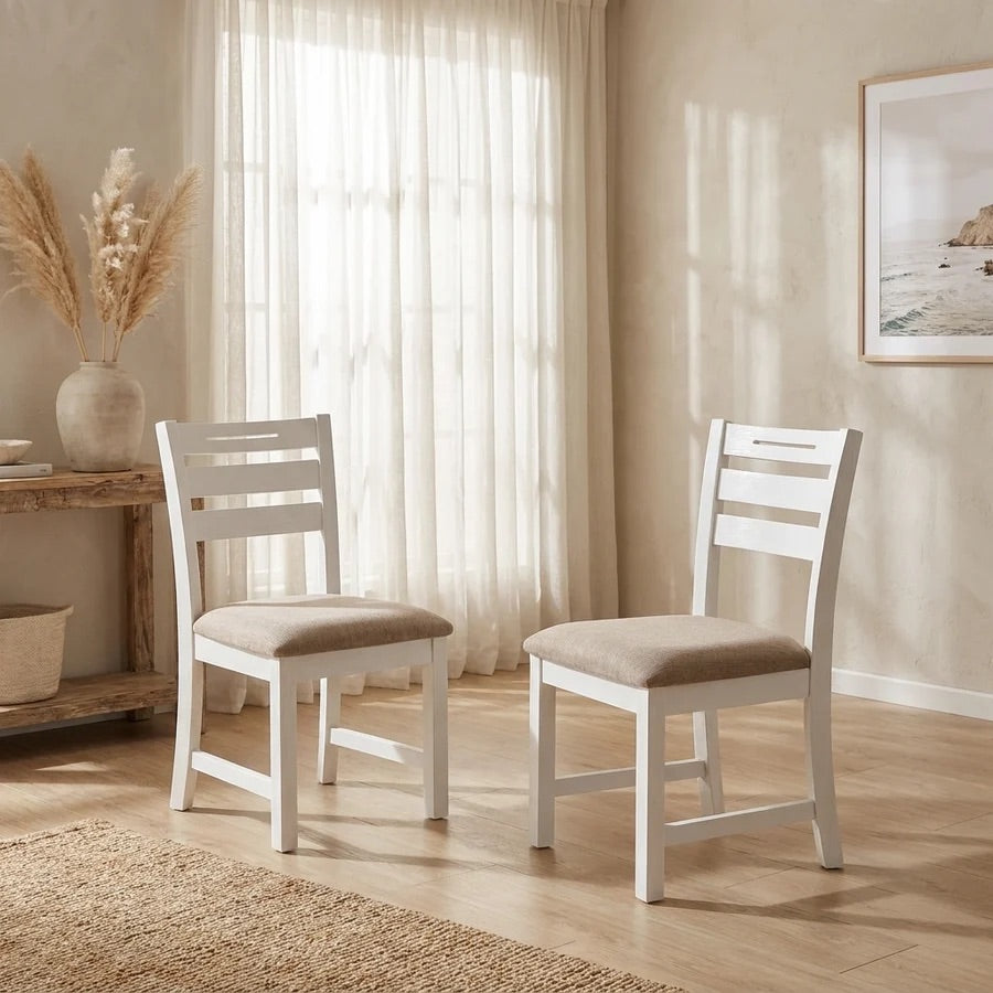 Byron Acacia Dining Chair Set of 2 shown as a pair by sheer curtains and a dried pampas arrangement