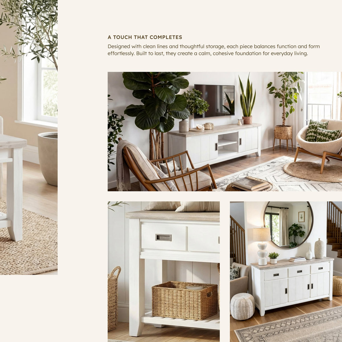 Byron Acacia 3 Door 3 Drawer Sideboard shown alongside the matching console sideboard and TV unit, in a Cedora collage advert